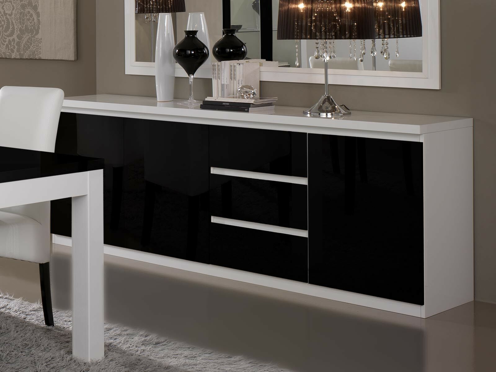 Buffet/bahut ROMEO 3 portes et 3 tiroirs blanc laque/noir laque
