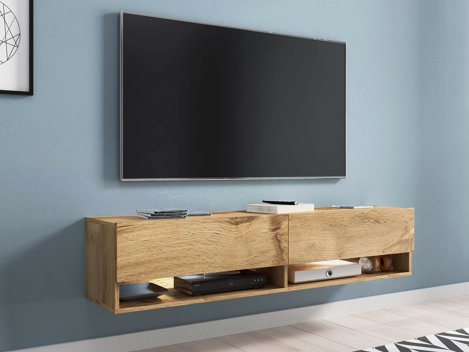Meuble tv-hifi ACAPULCO 2 portes battantes 140 cm chêne wotan avec led