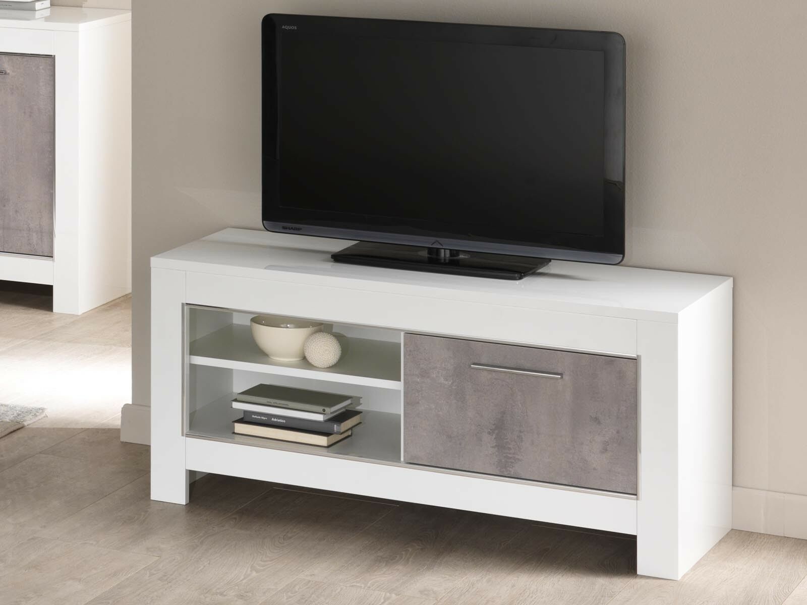 Meuble tv-hifi MADONNA 1 porte blanc laqué/béton laqué