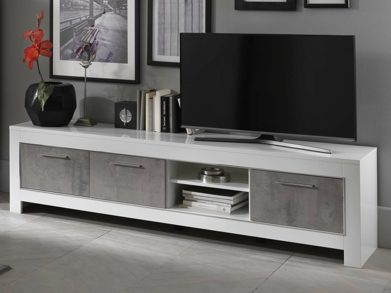 Meuble tv-hifi MADONNA 3 portes blanc laqué/béton laqué