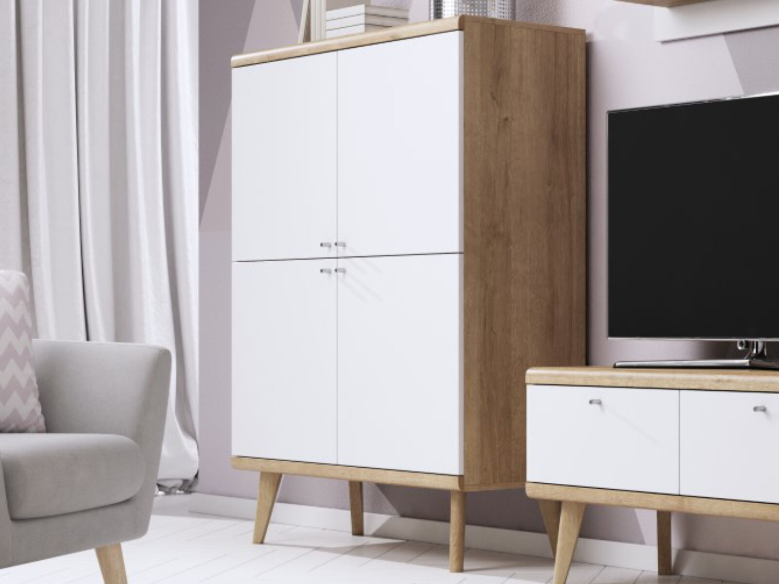 Commode PROMI 4 portes chêne riviera/blanc