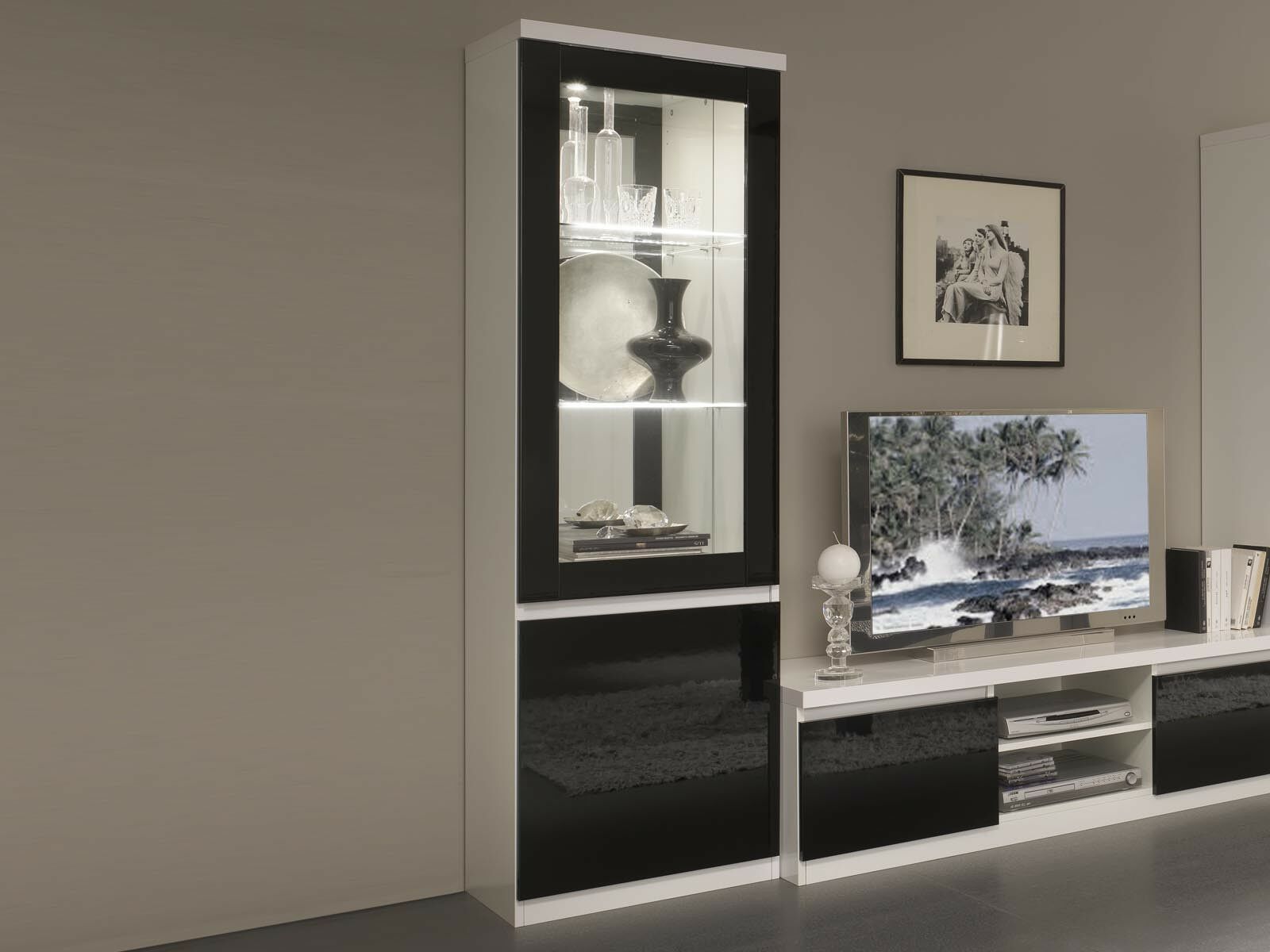 Vitrine ROMEO 2 portes blanc laque/noir laque avec led