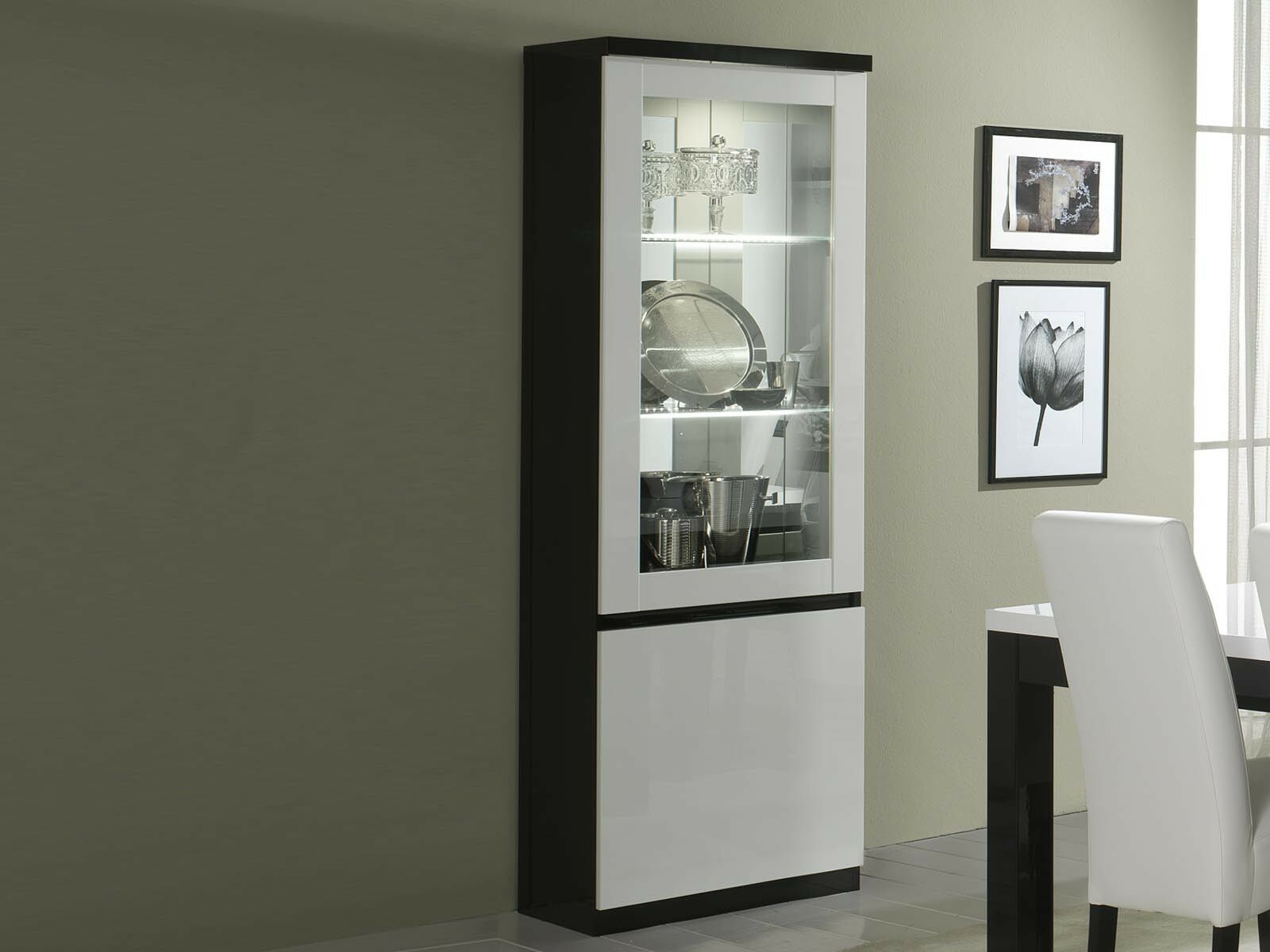 Vitrine ROMEO 2 portes noir laque/blanc laque avec led