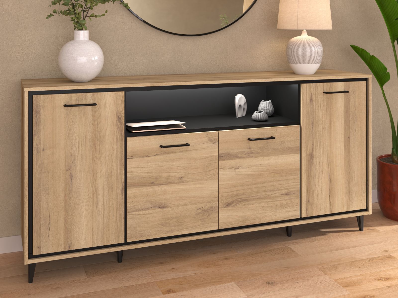 Buffet/bahut OSTEO 4 portes chêne Kronberg/noir avec led