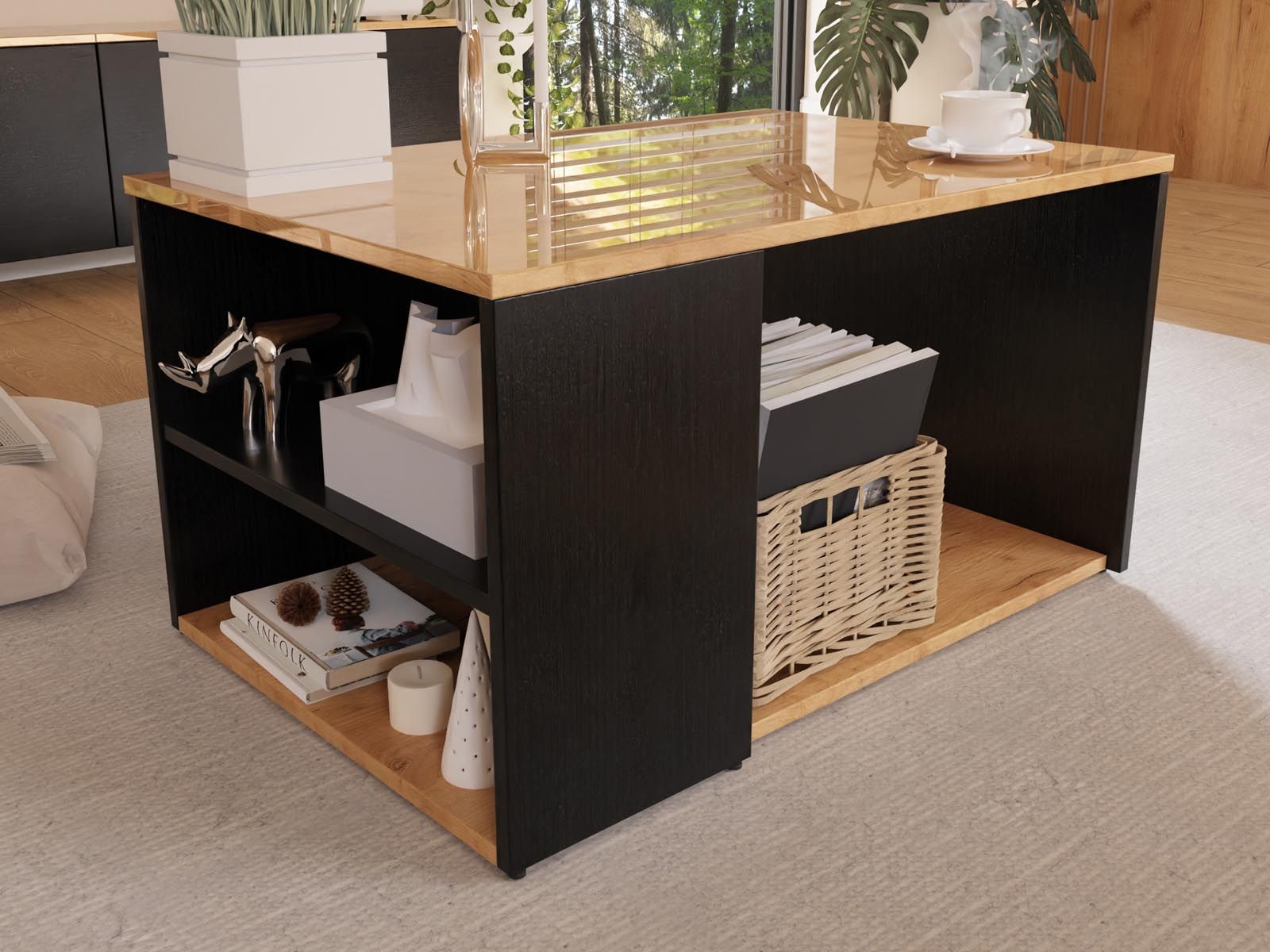 Table basse LUCO 90 cm chêne brillant/noir mat