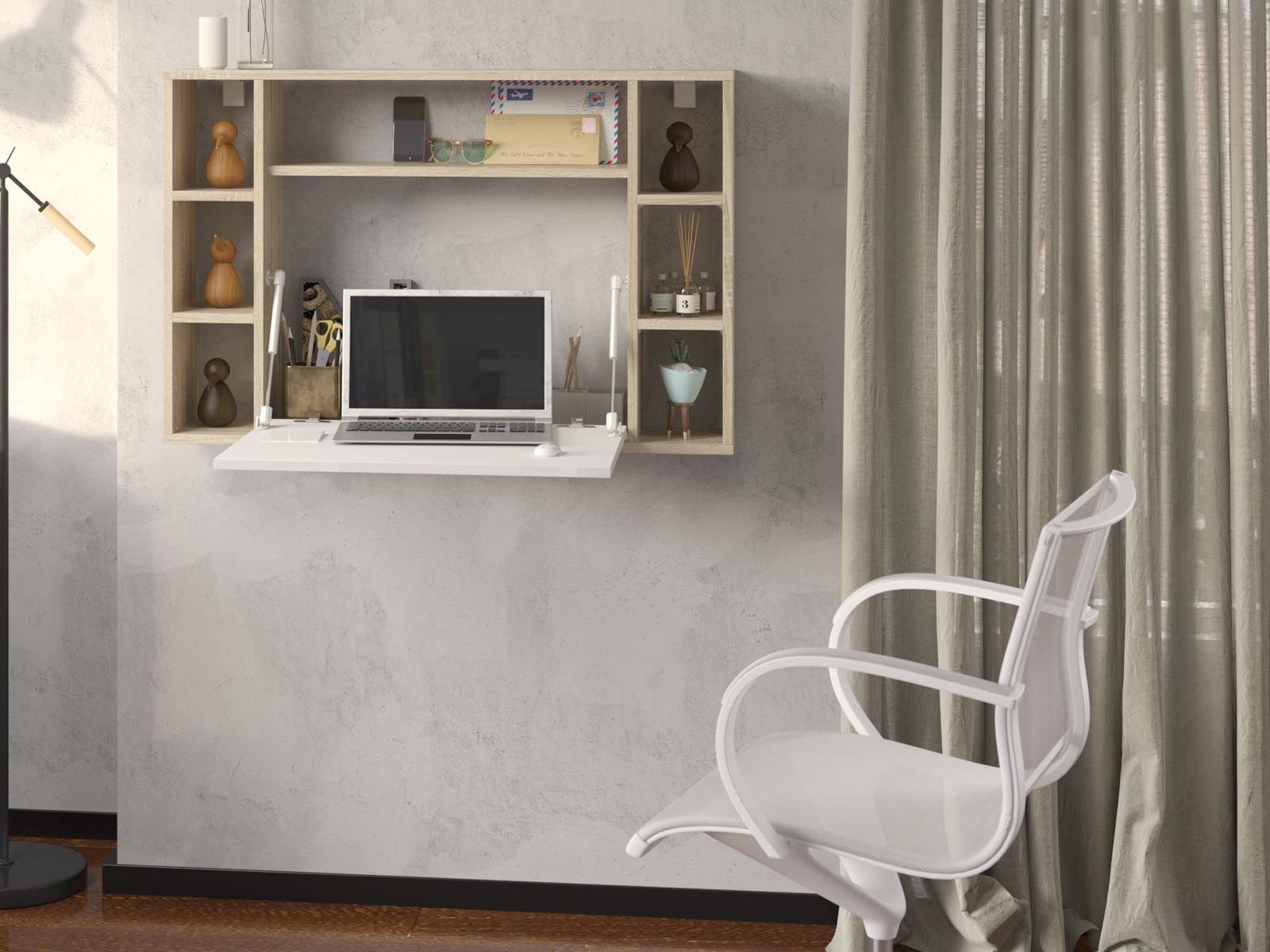 Bureau escamotable MUSOA chêne sonoma/blanc brillant