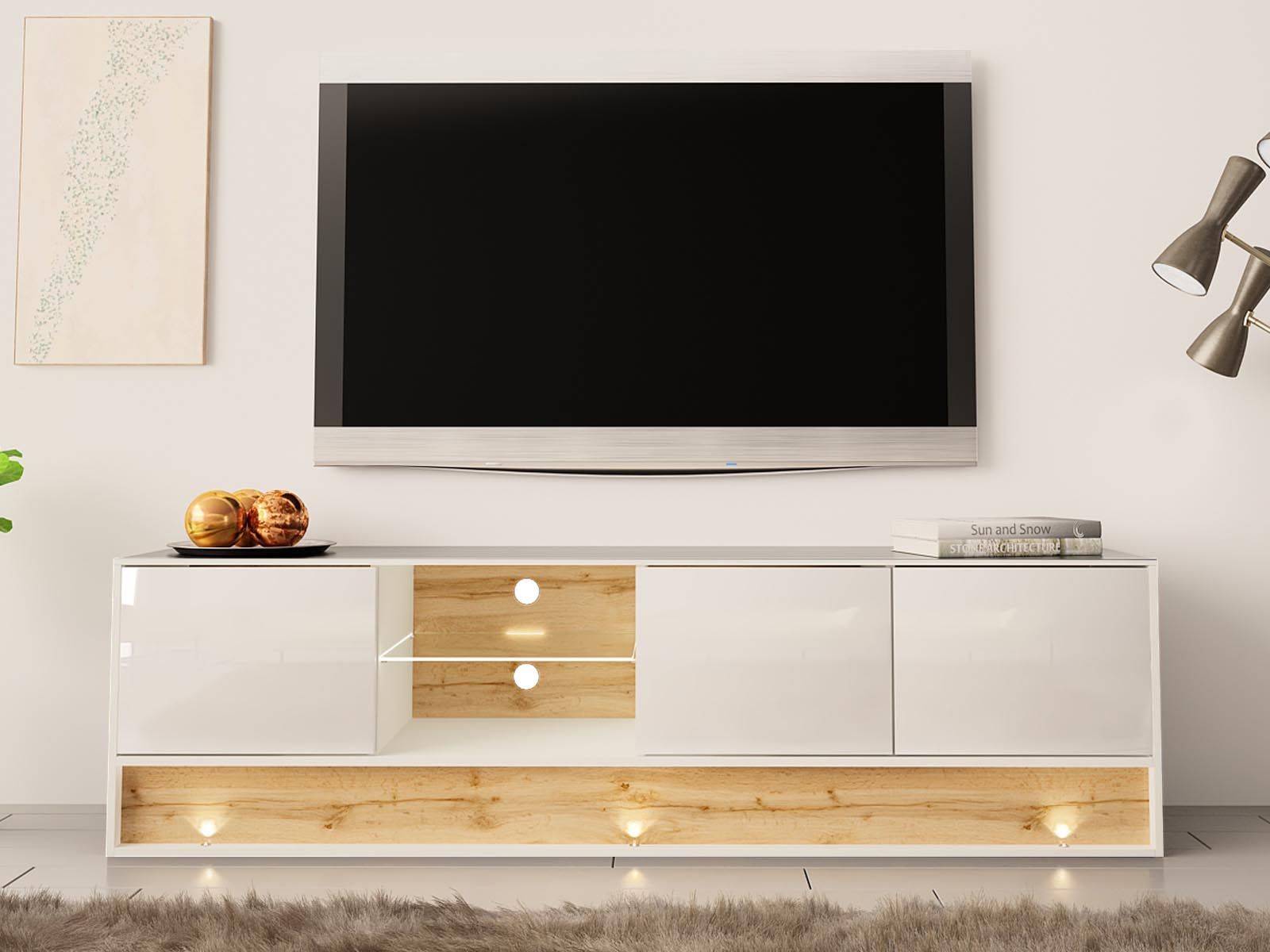 Meuble tv-hifi VISION 3 portes 2 niches chêne/blanc brillant