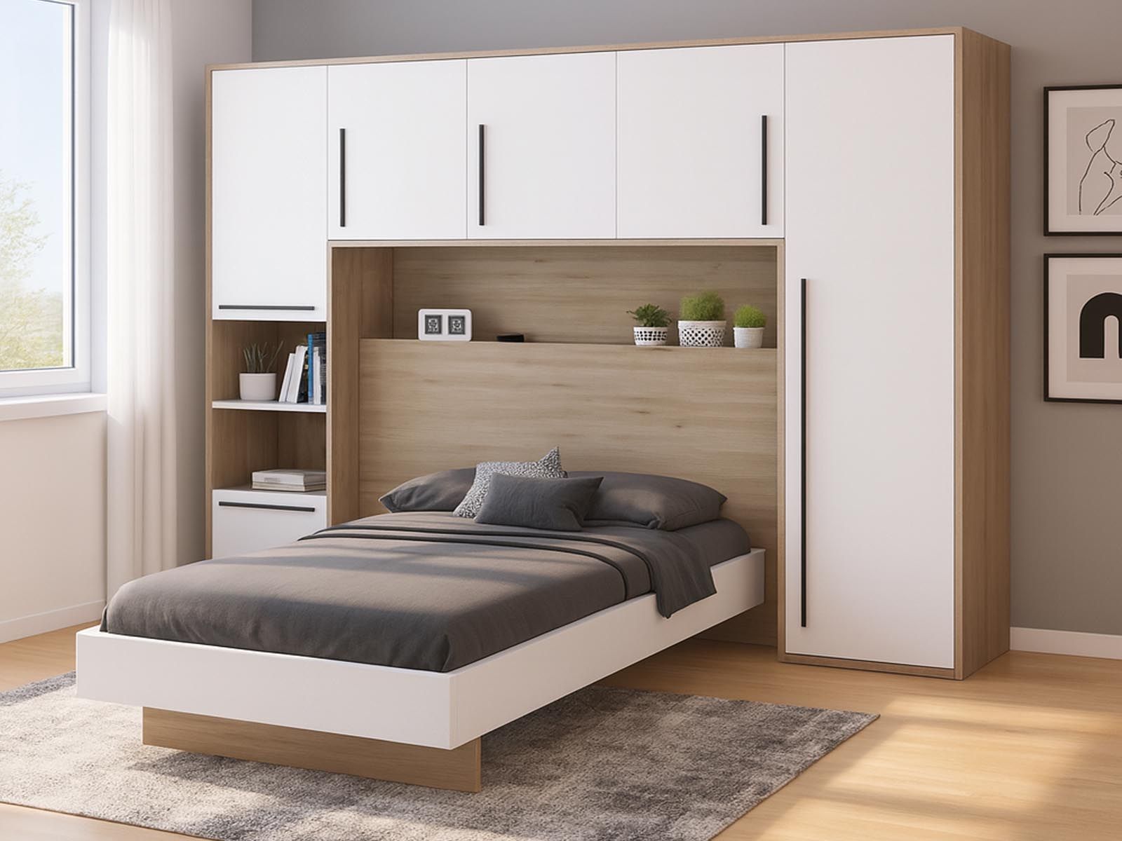 Lit pont MOKA 140x190 cm blanc brillant/chêne