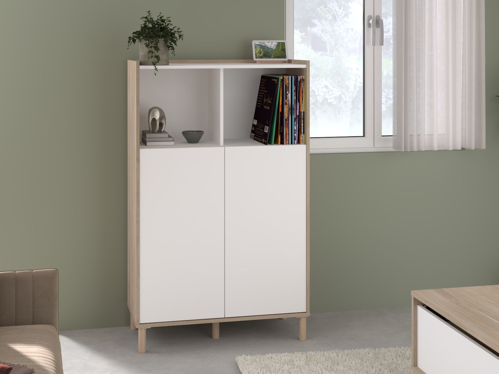 Buffet/bahut MORPHEE 2 portes 2 niches chêne japonsais/blanc