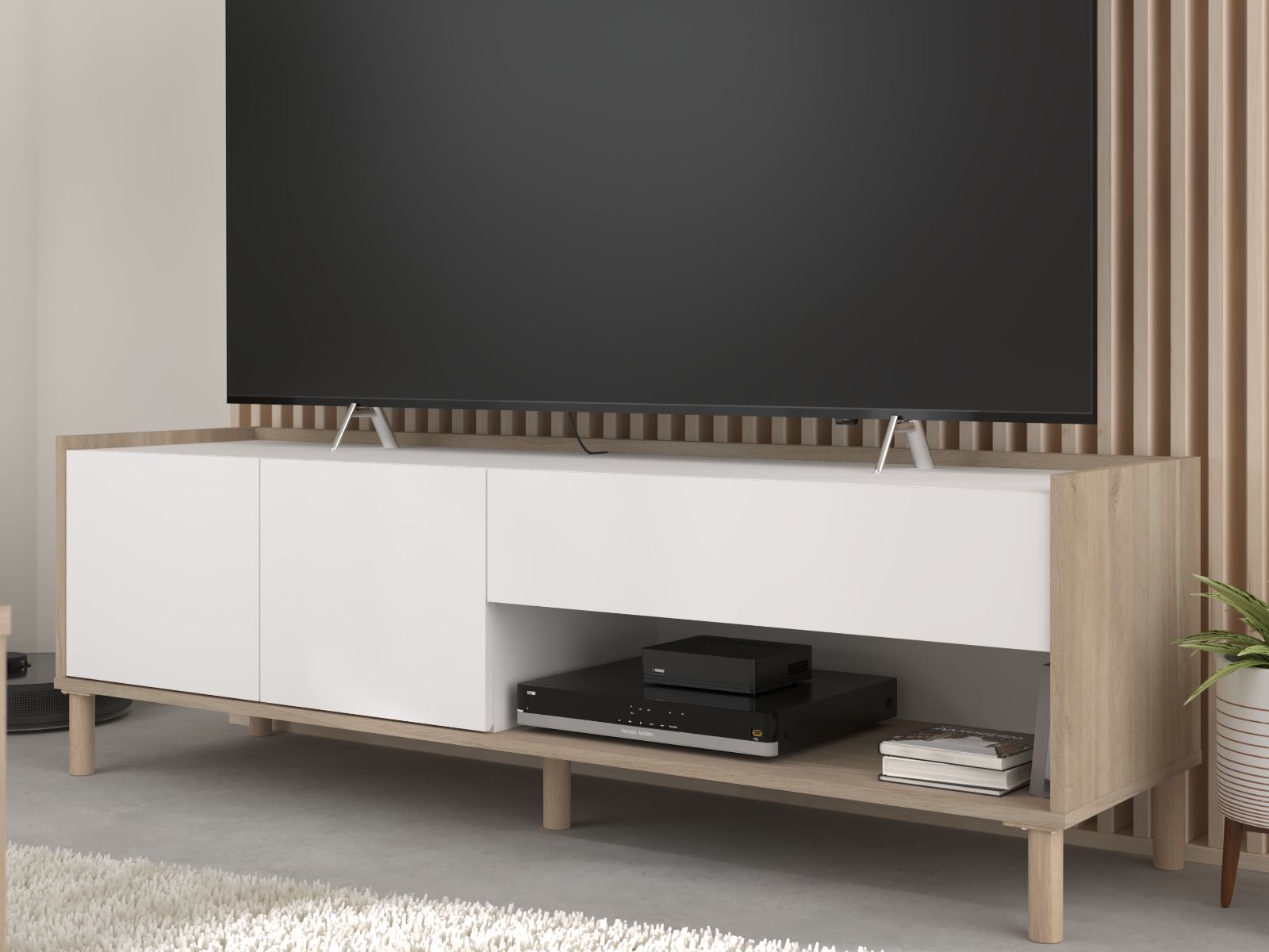 Meuble tv-hifi MORPHEE 2 portes 1 tiroir 150 cm chêne japonais/blanc