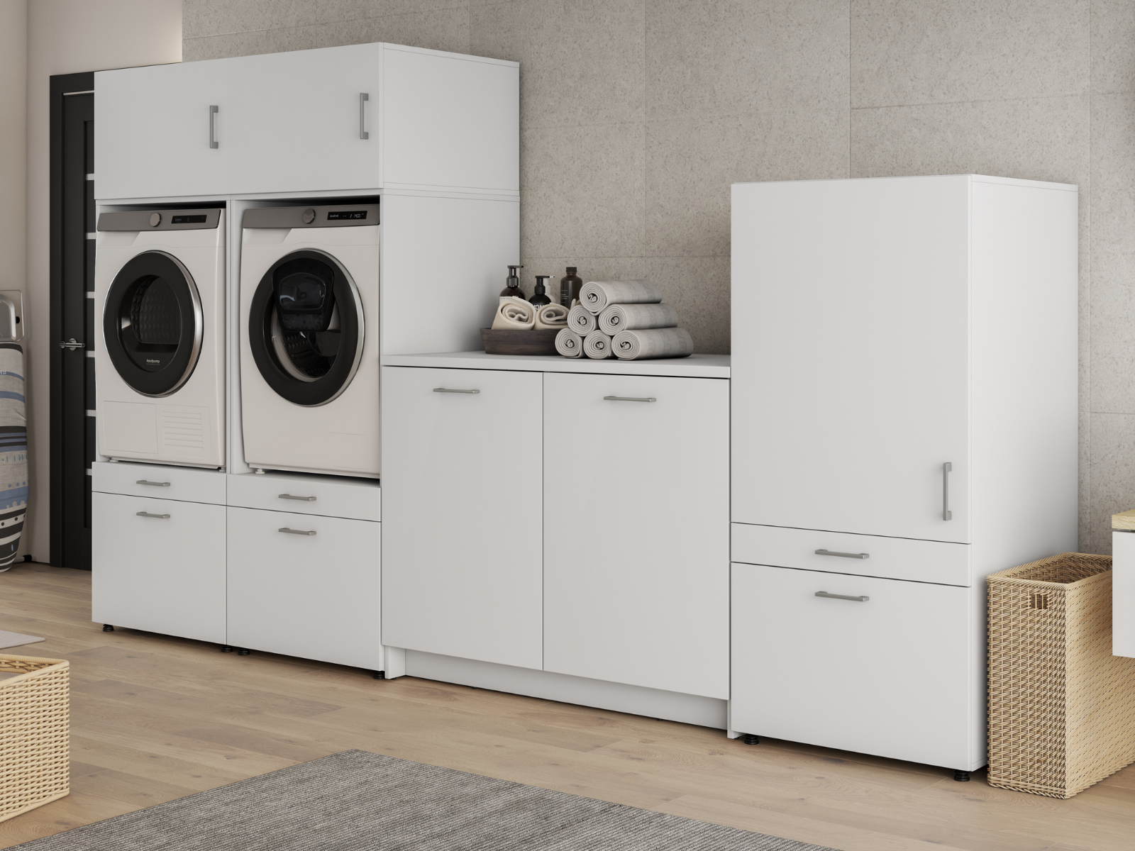 Meuble WASHING 2 machines avec armoire 1 porte 2 tiroirs et meuble bas LARGE blanc