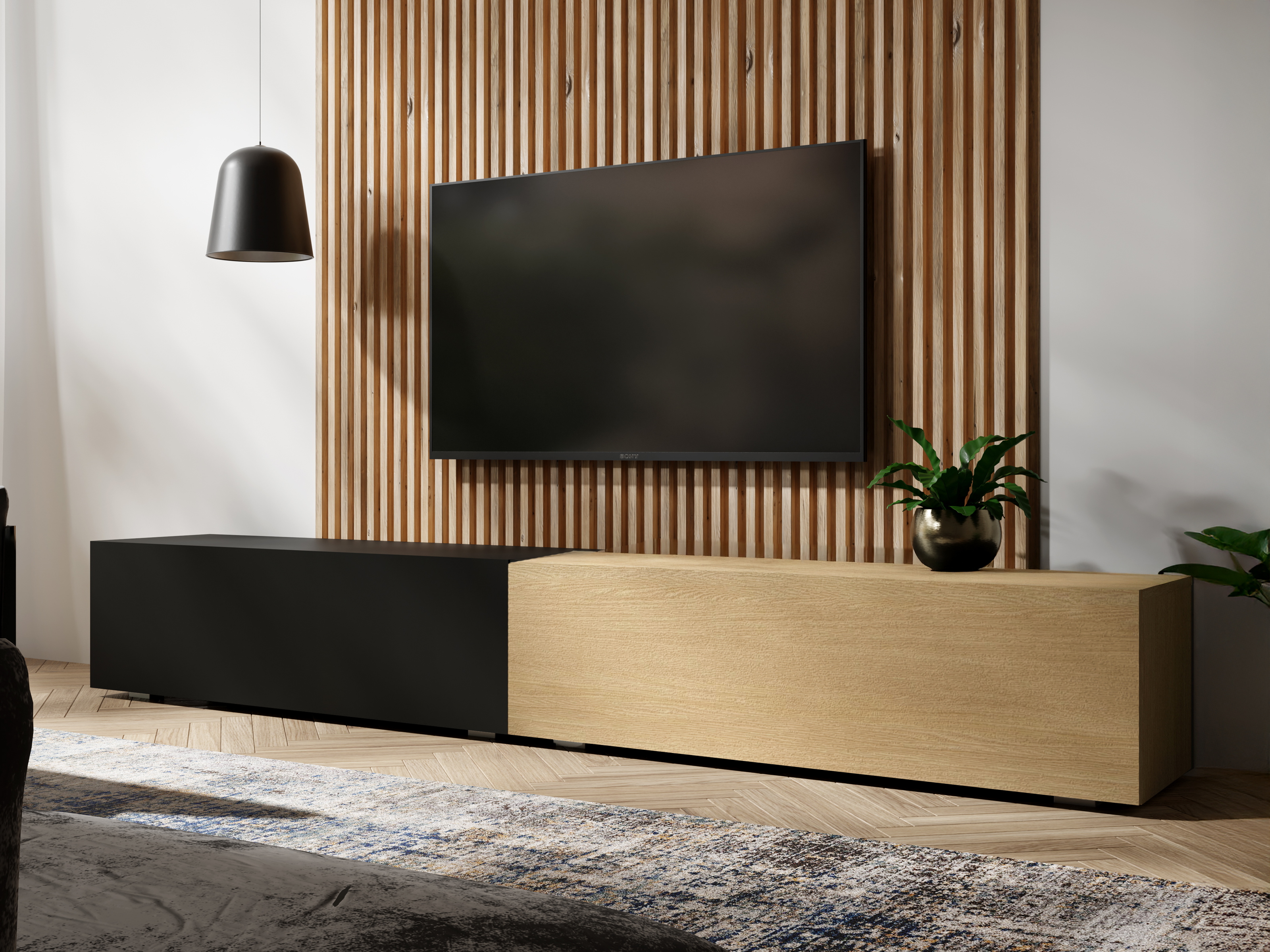 Meuble tv-hifi KINGSTON DUO 2 portes battantes 210 cm chêne/noir mat