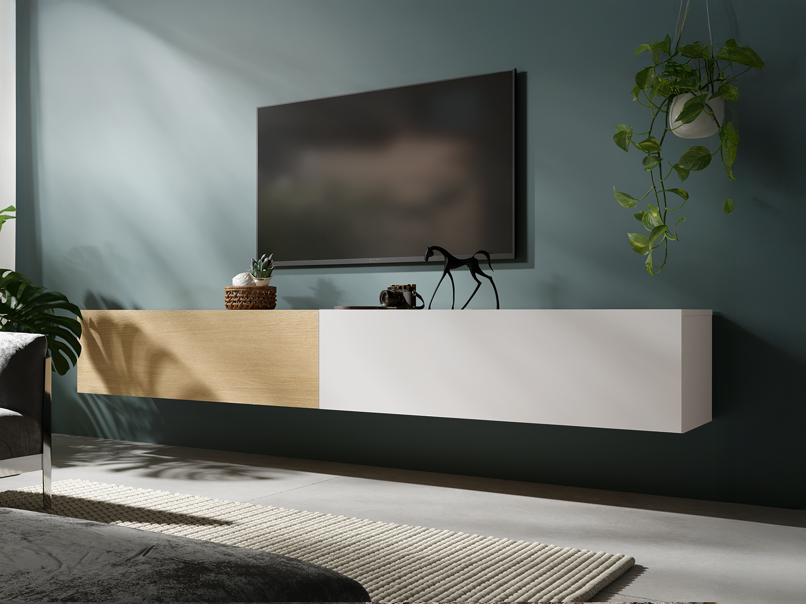 Meuble tv-hifi KINGSTON DUO 2 portes battantes 210 cm chêne/blanc mat