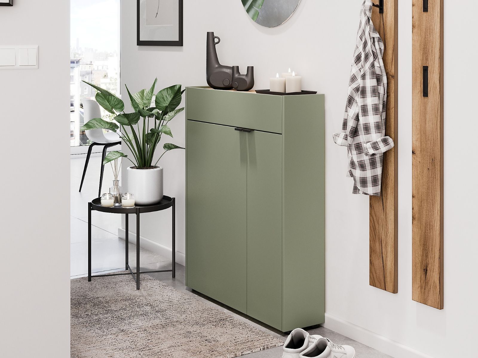 Meuble à chaussures AMEYA 2 portes 1 tiroir 83 cm vert/chêne navarra (vertical)