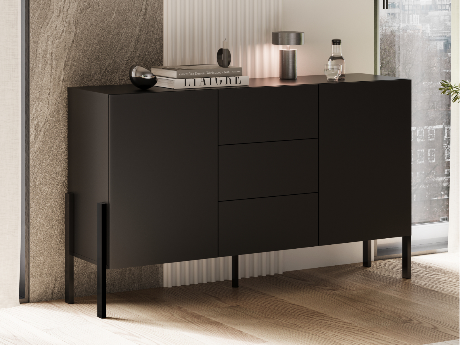 Buffet/bahut JUKAMI 2 portes 3 tiroirs 150 cm noir