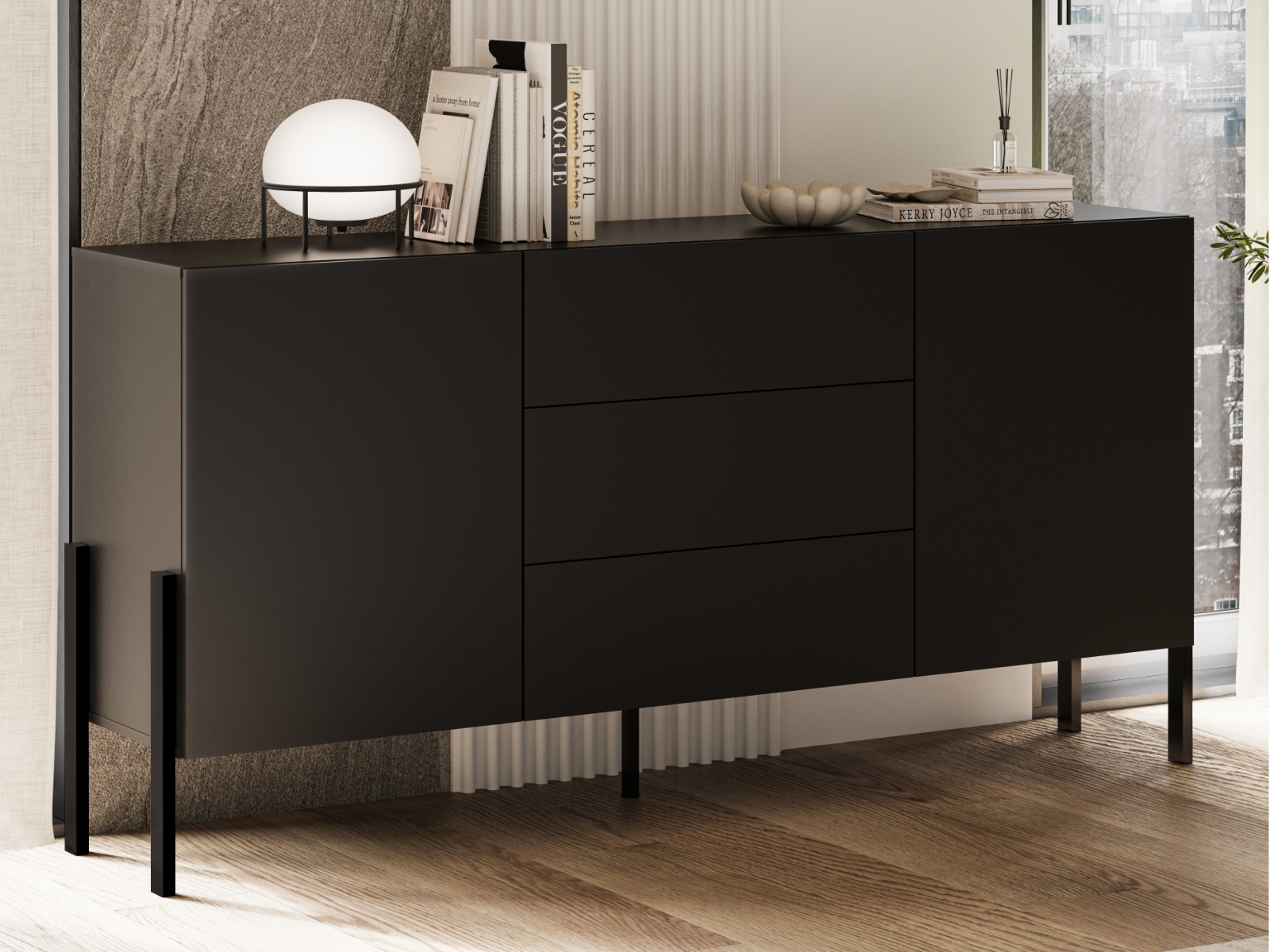 Buffet/bahut JUKAMI 2 portes 3 tiroirs 180 cm noir