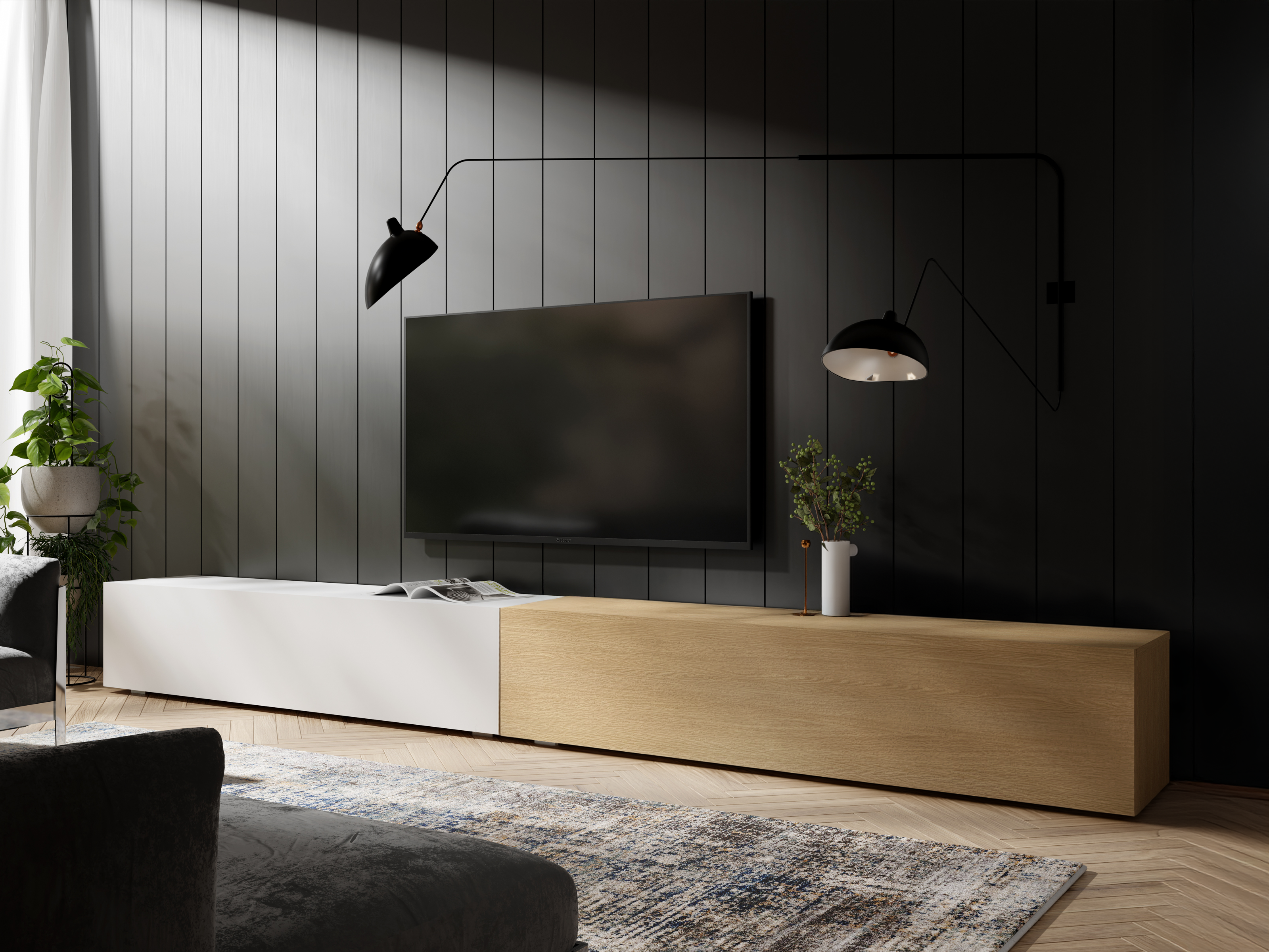 Meuble tv-hifi KINGSTON DUO 2 portes battantes 280 cm chêne/blanc mat