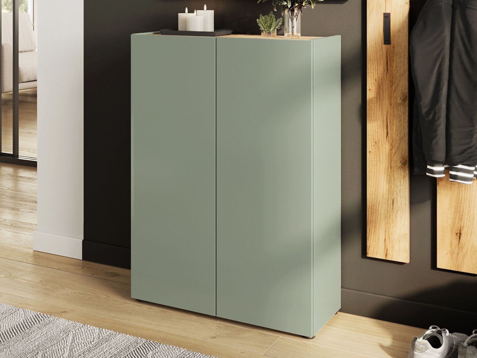 Meuble à chaussures ALVIN 2 portes vert/chêne navarra