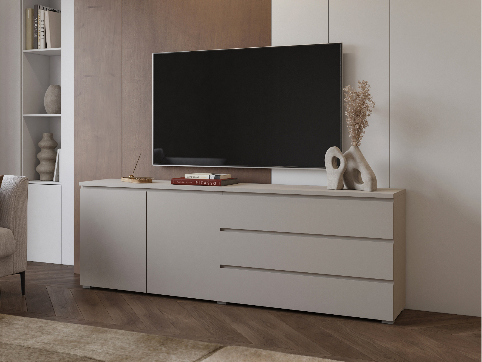 Meuble tv-hifi MODOK 3 portes 3 tiroirs cachemire