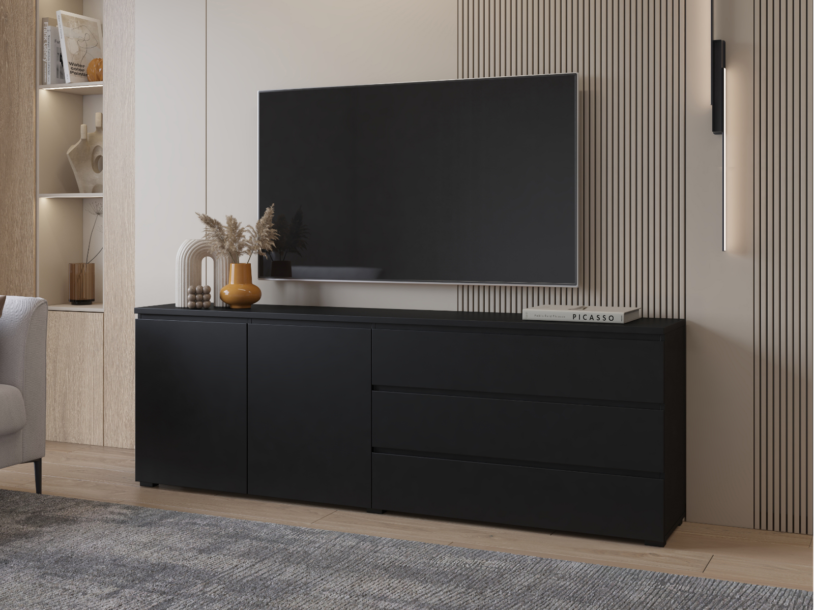 Meuble tv-hifi MODOK 3 portes 3 tiroirs noir