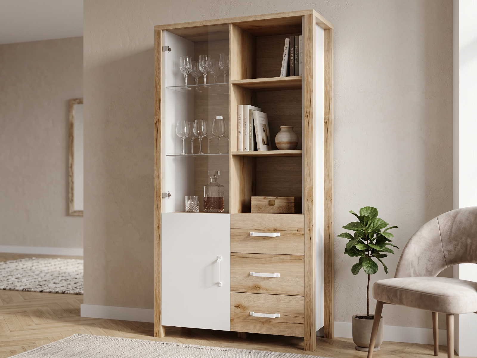 Vitrine OLIANNE 2 portes 3 tiroirs chêne naturel/blanc