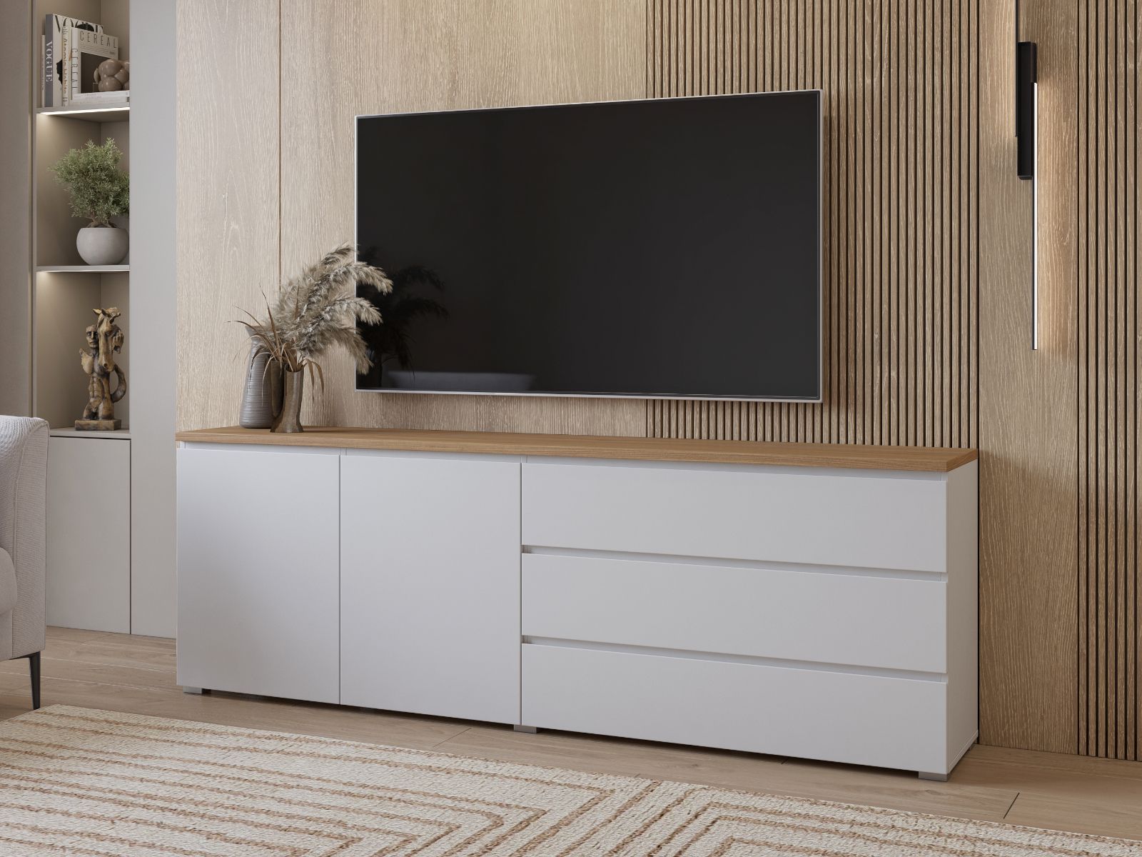 Meuble tv-hifi MODOK 3 portes 3 tiroirs blanc/chêne mauvella