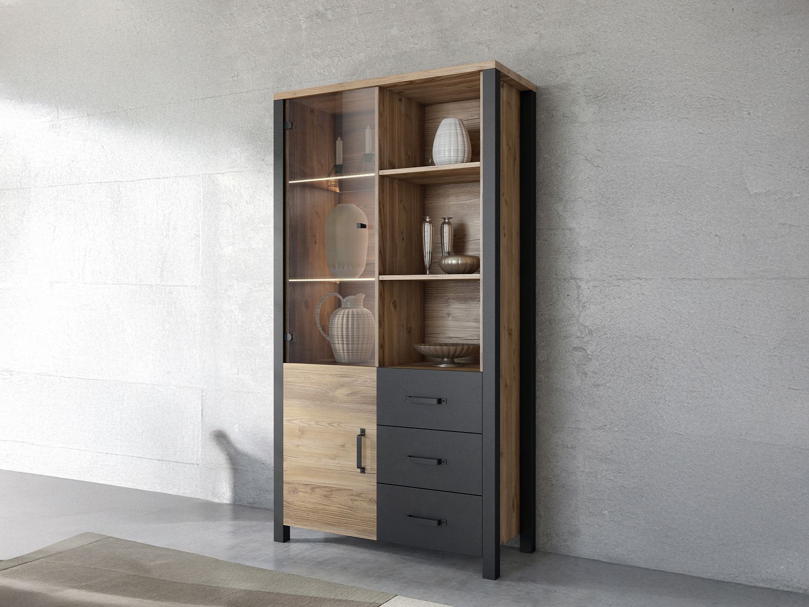 Vitrine OLIANNE 2 portes 3 tiroirs épicéa appenzeller/noir