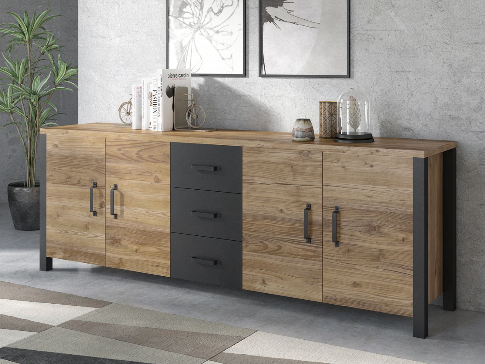 Buffet/bahut OLIANNE 4 portes 3 tiroirs épicéa appenzeller/noir