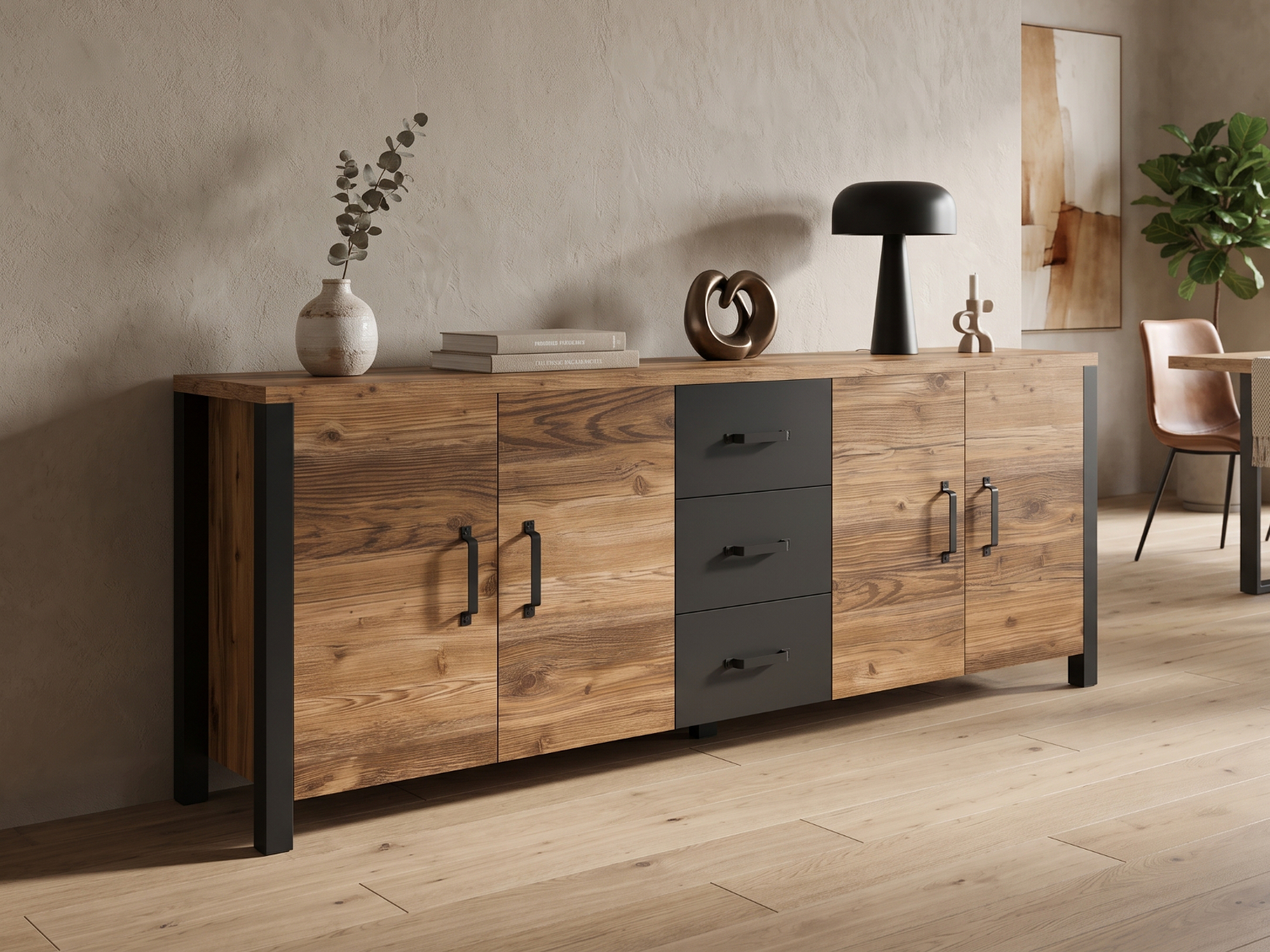 Buffet/bahut OLIANNE 4 portes 3 tiroirs épicéa appenzeller/noir