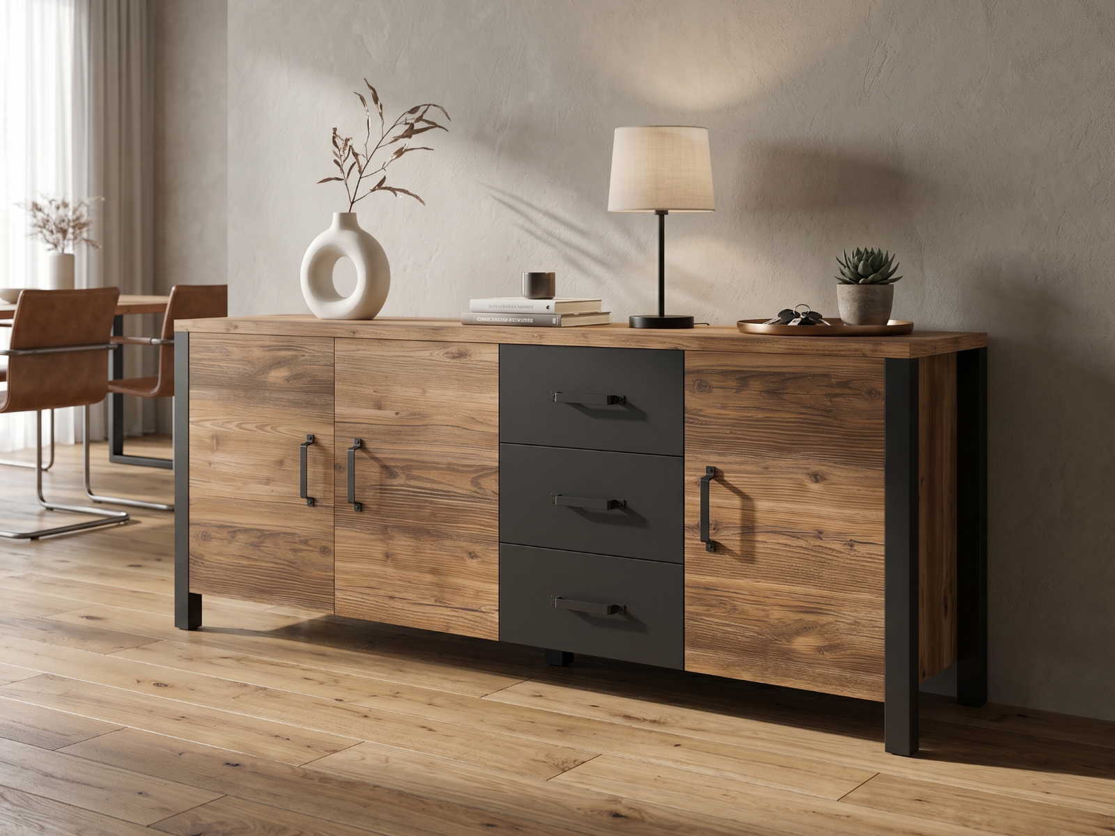Buffet/bahut OLIANNE 3 portes 3 tiroirs épicéa appenzeller/noir