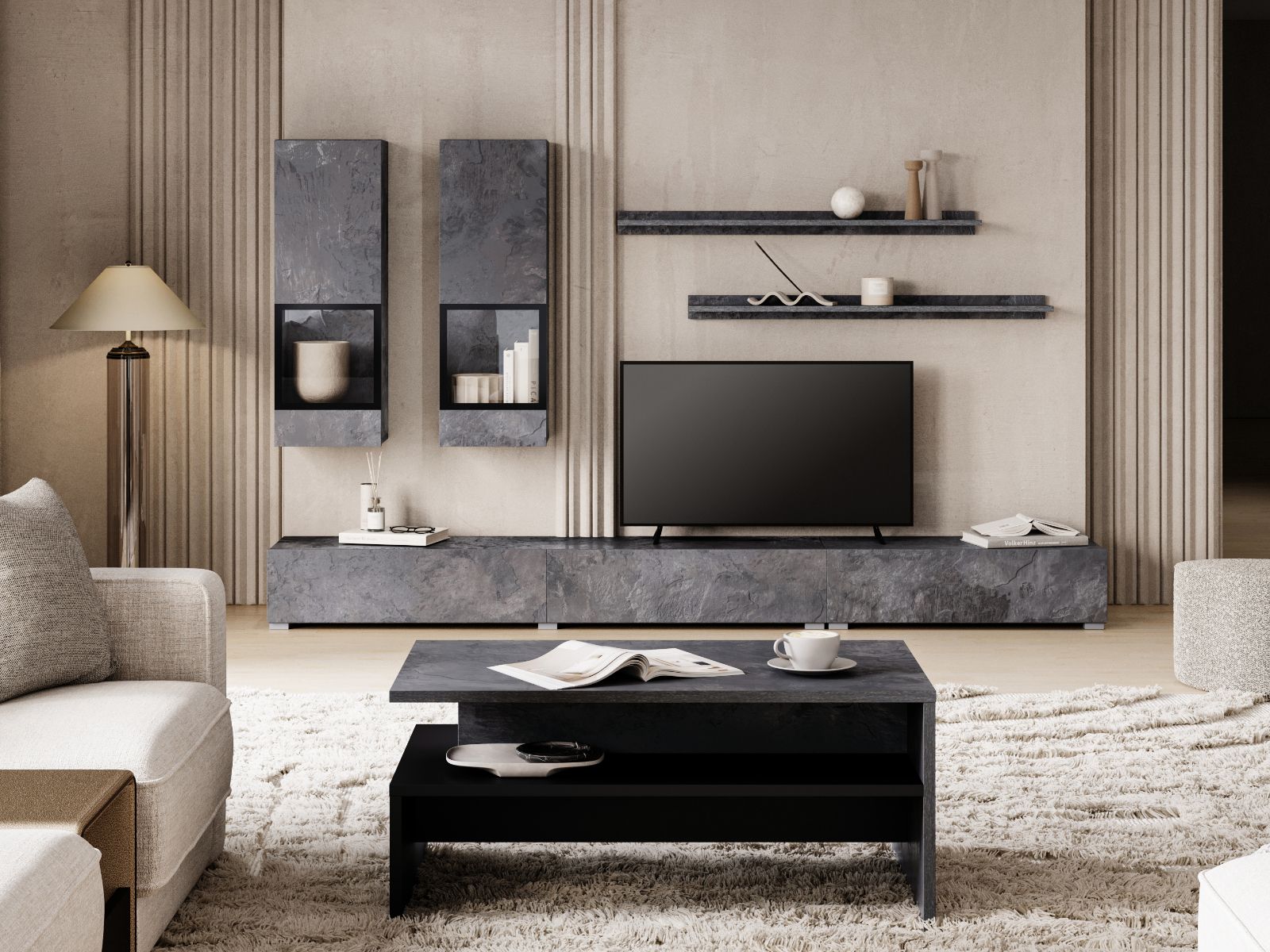 Mur tv-hifi BABEL 5 portes ardoise colorée avec led avec table basse