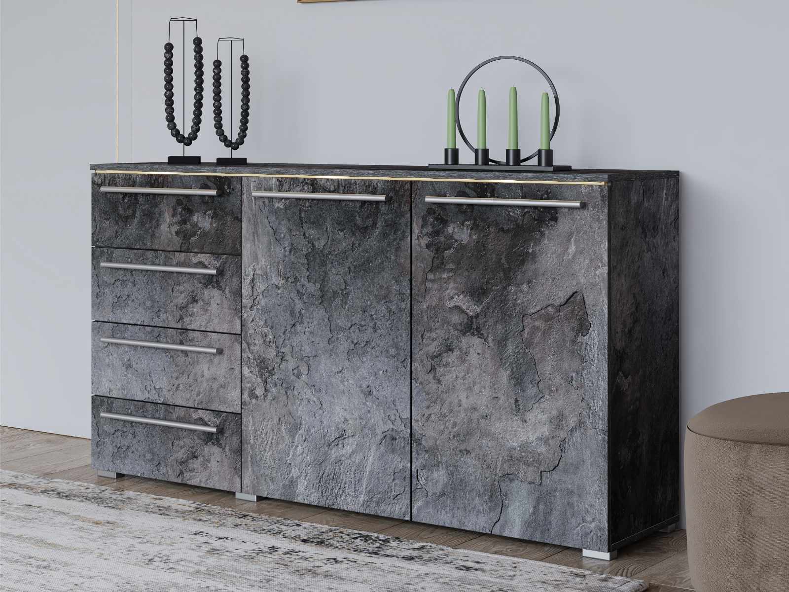 Commode INDIRA 2 portes 4 tiroirs ardoise colorée avec led