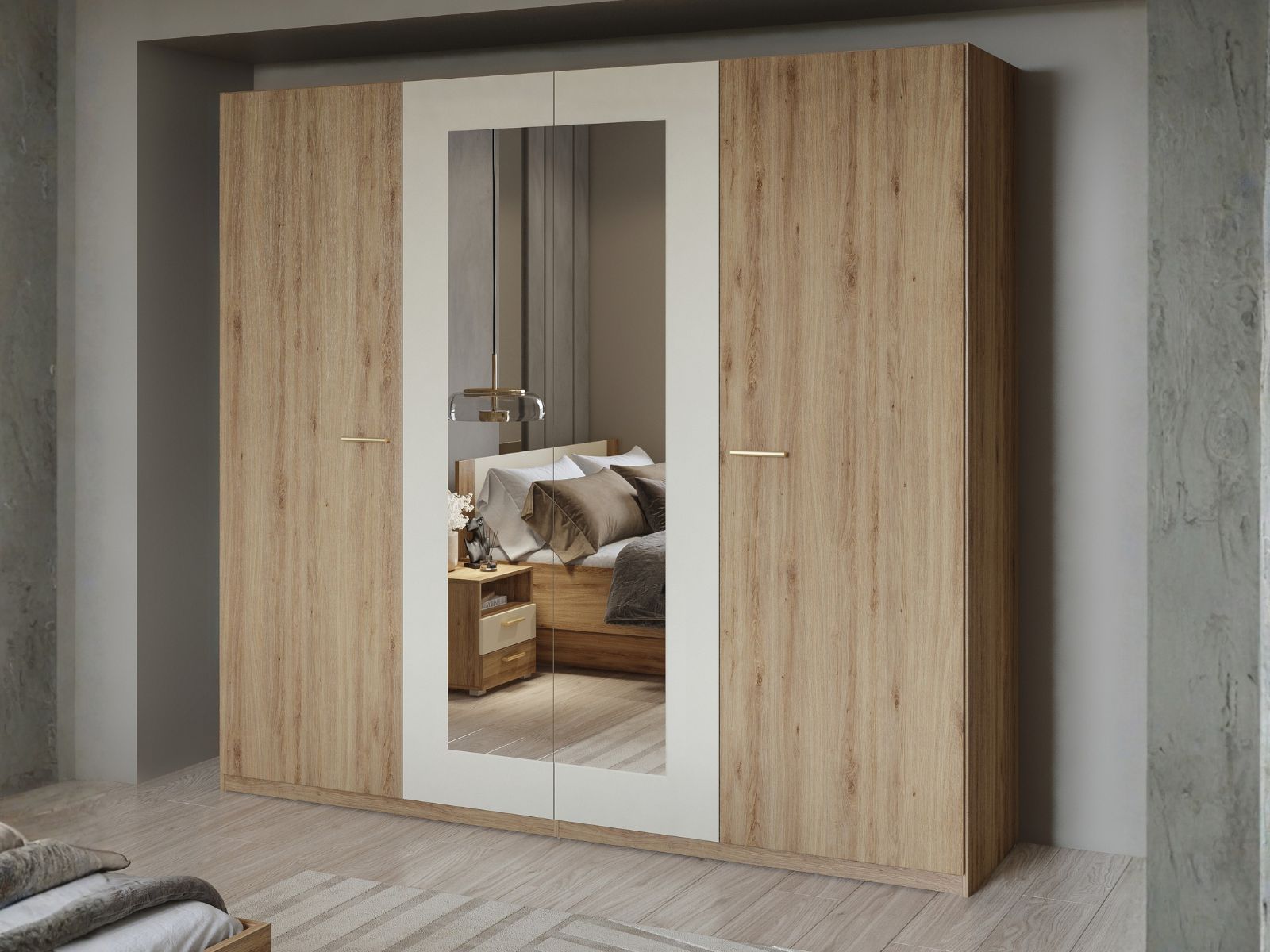 Armoire VERTIGO 4 portes chêne sauvage avec miroir