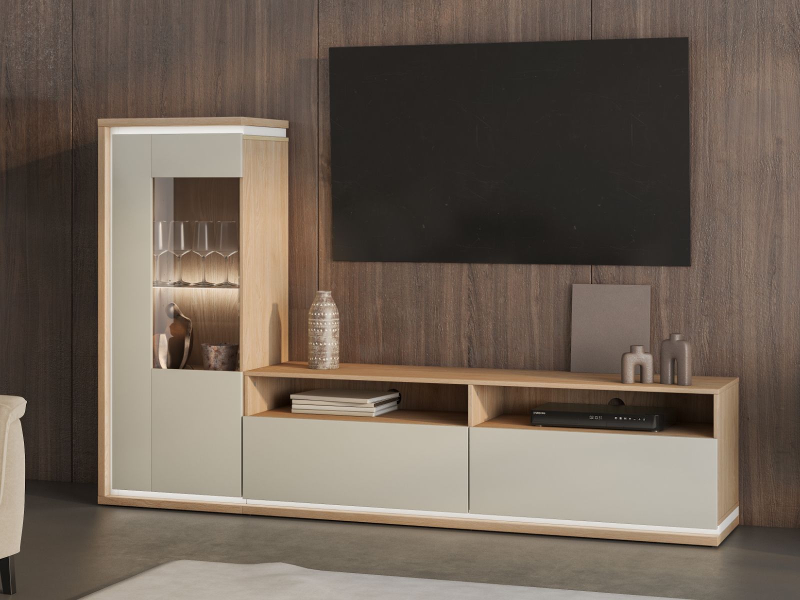 Mur tv-hifi DOLCE 1 portes 2 tiroirs cachemire/chêne