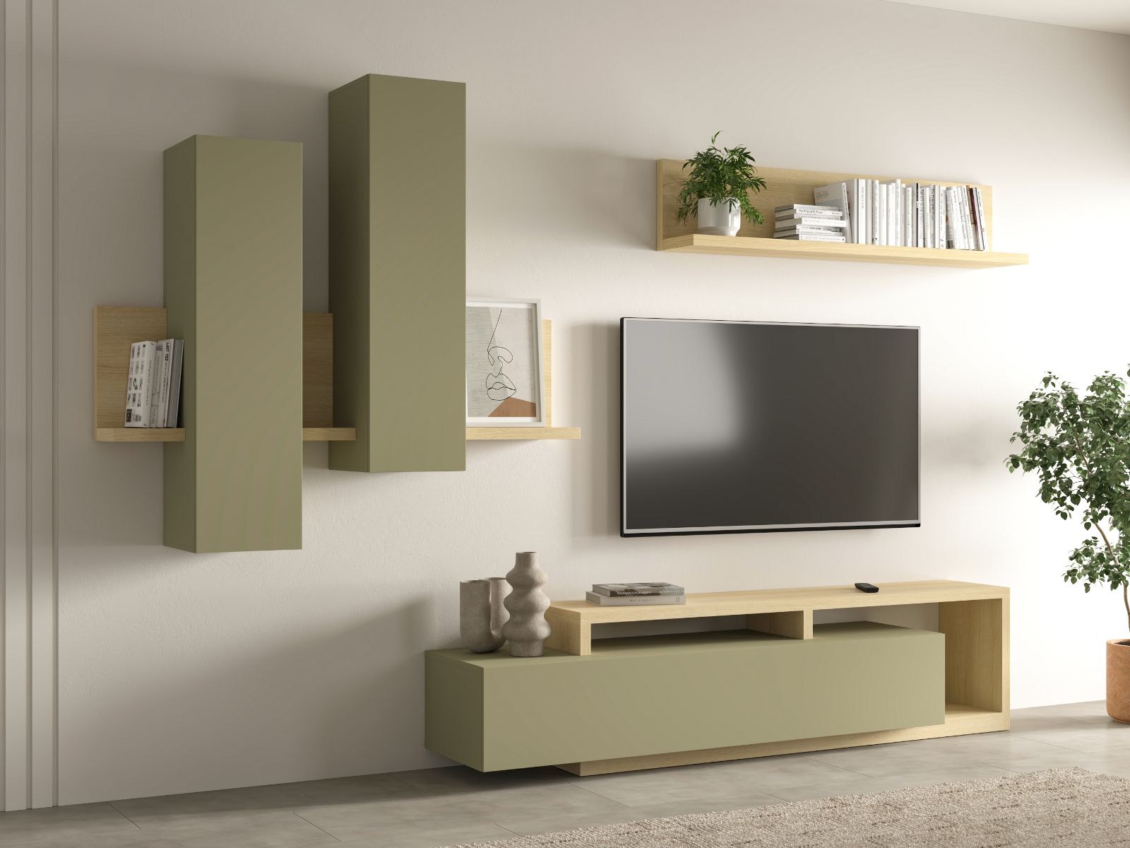 Mur tv-hifi BOTSWANA 2 tiroirs 2 niches chêne lindberg/vert eucalyptus