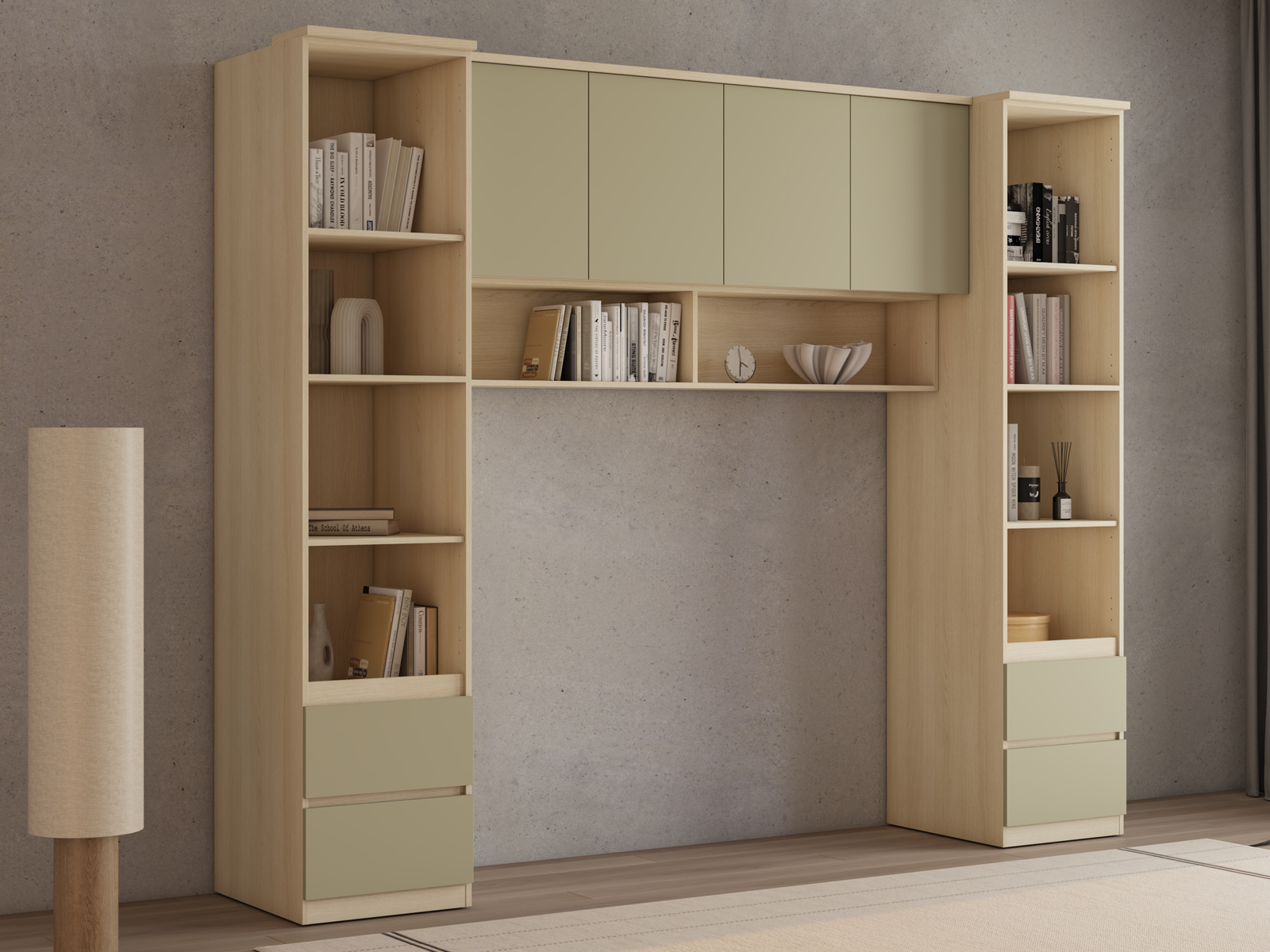 Pont de lit THEODORA 160 cm chêne lindberg/vert eucalyptus ouvert