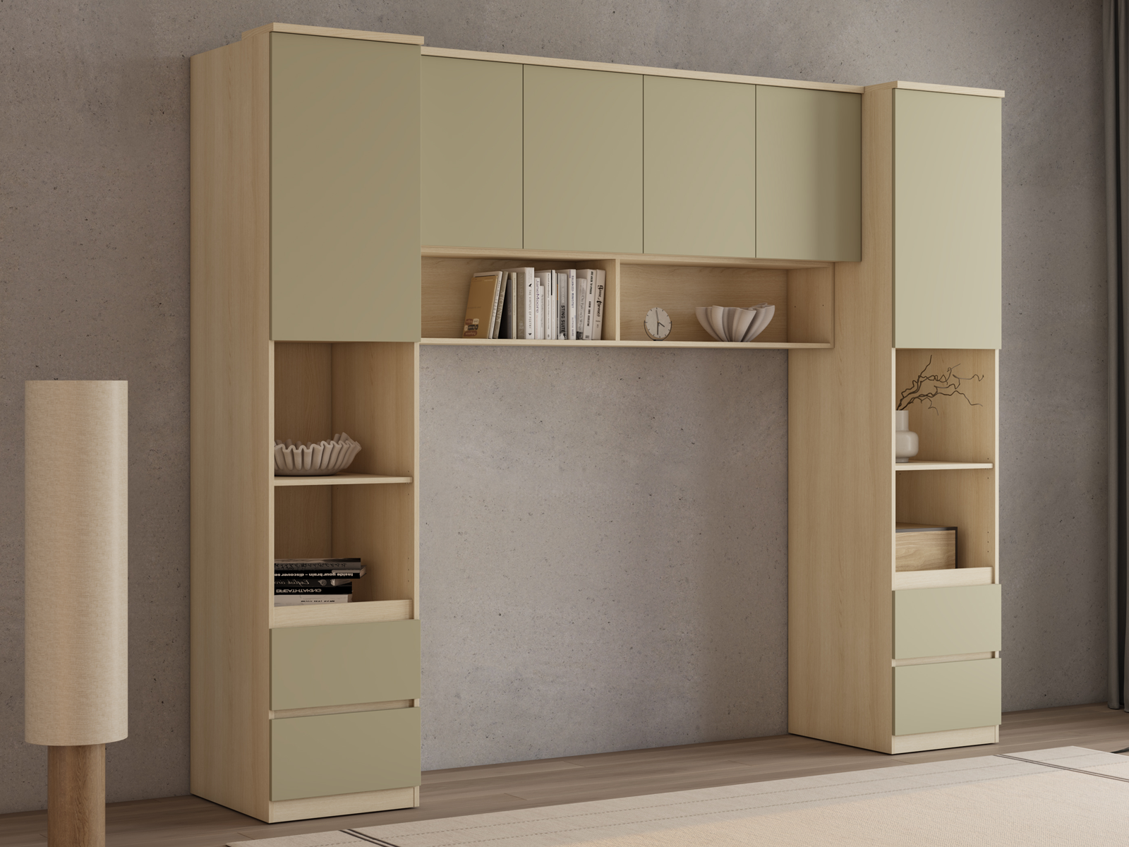 Pont de lit THEODORA 160 cm chêne lindberg/vert eucalyptus semi-ouvert