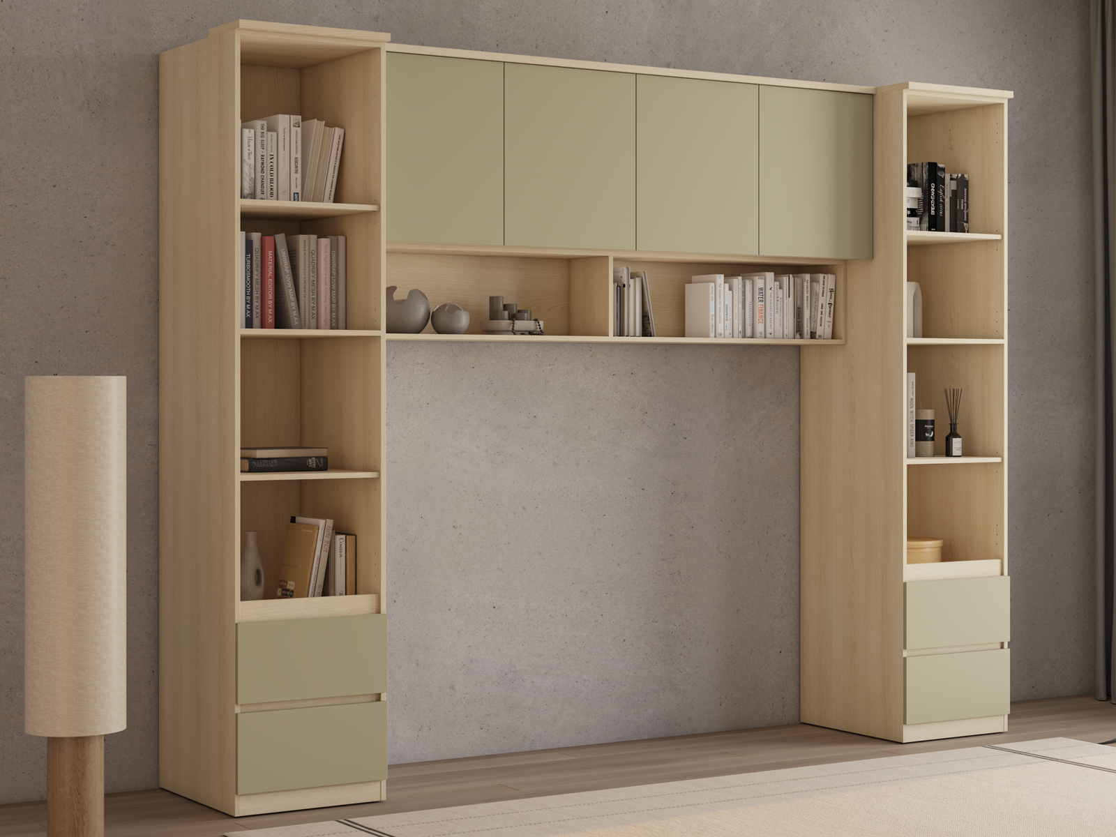 Pont de lit THEODORA 180 cm chêne lindberg/vert eucalyptus ouvert