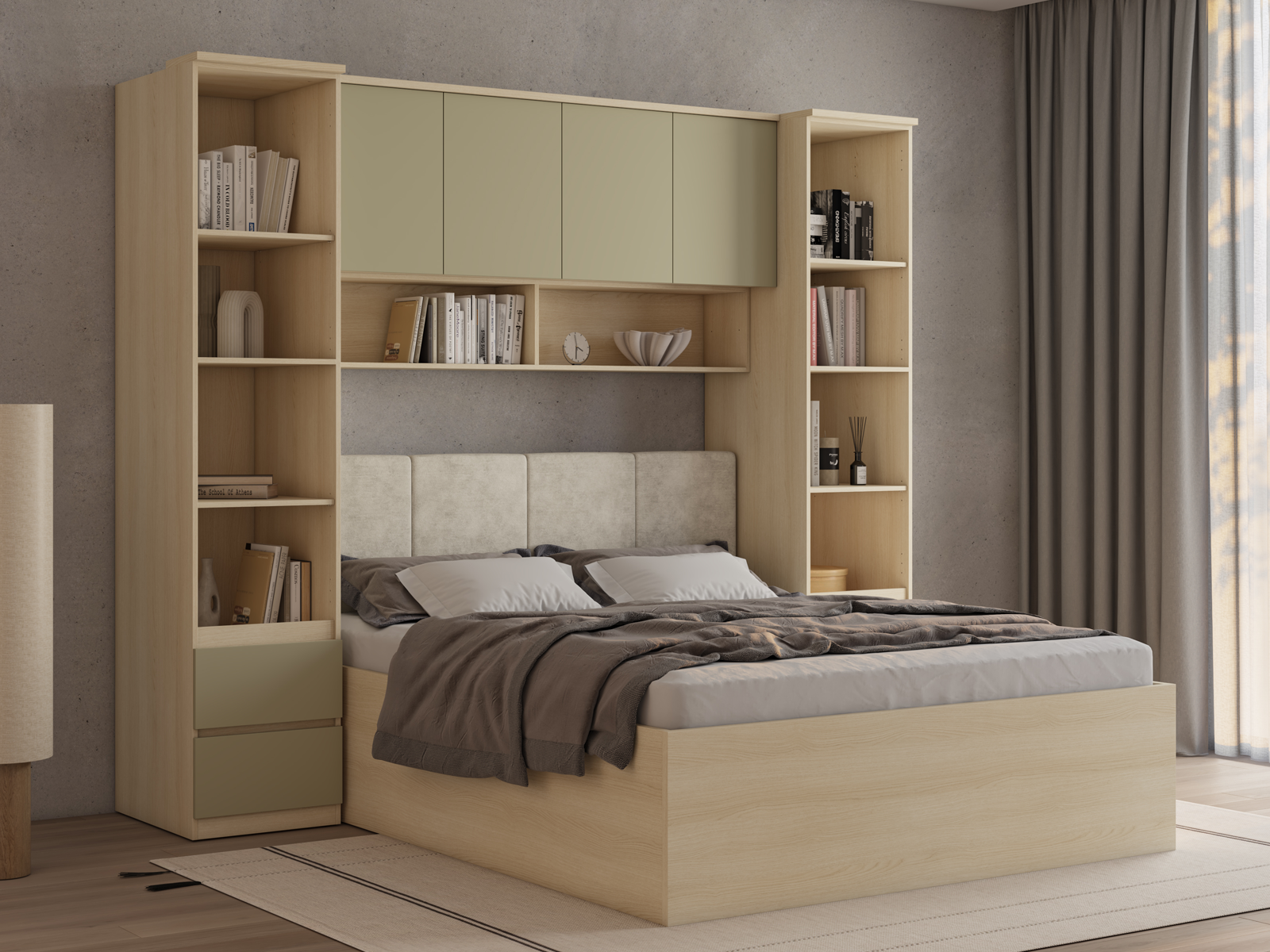 Lit pont THEODORA 160x200 cm chêne lindberg/vert eucalyptus ouvert