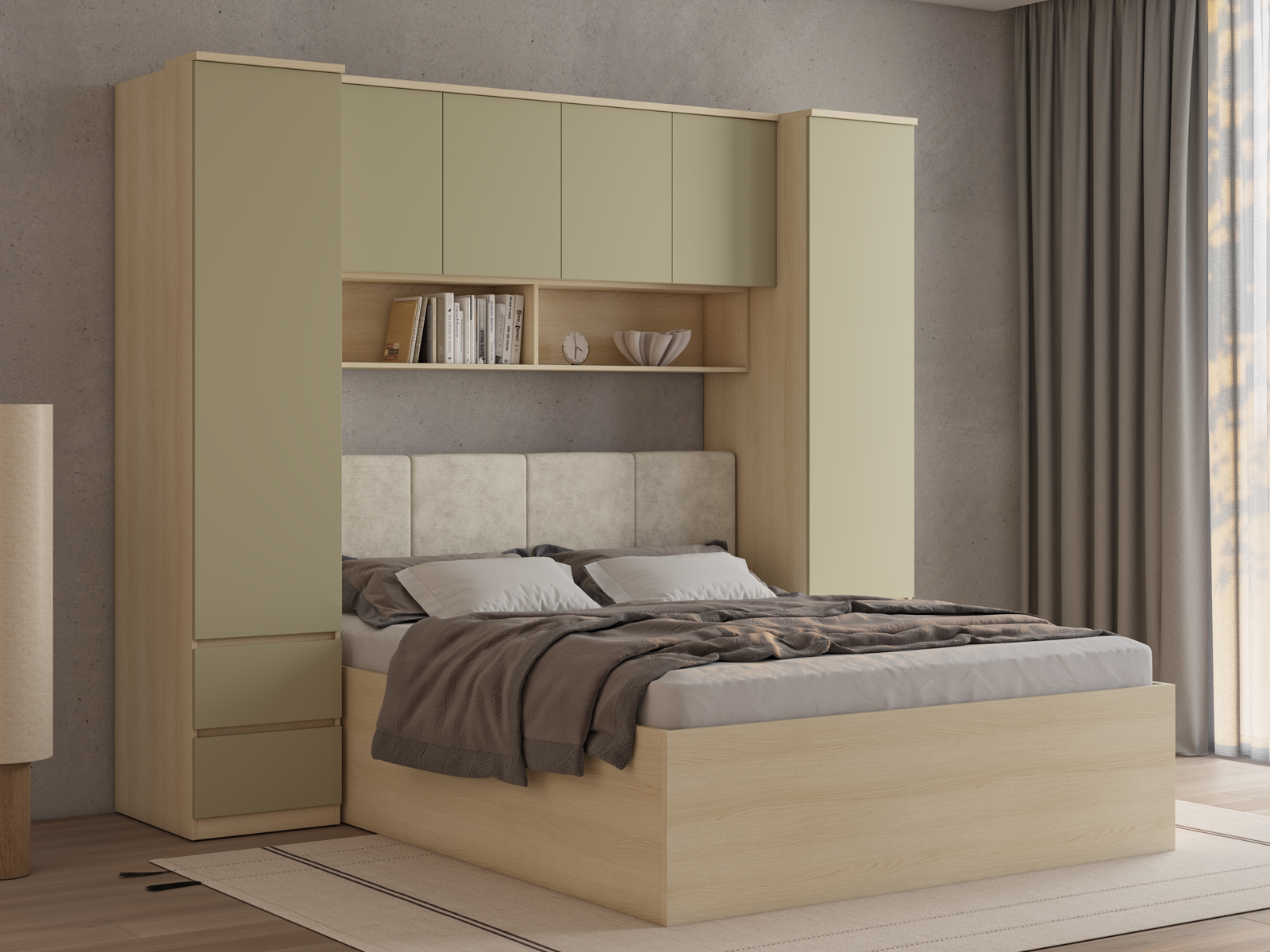 Lit pont THEODORA 160x200 cm chêne lindberg/vert eucalyptus fermé