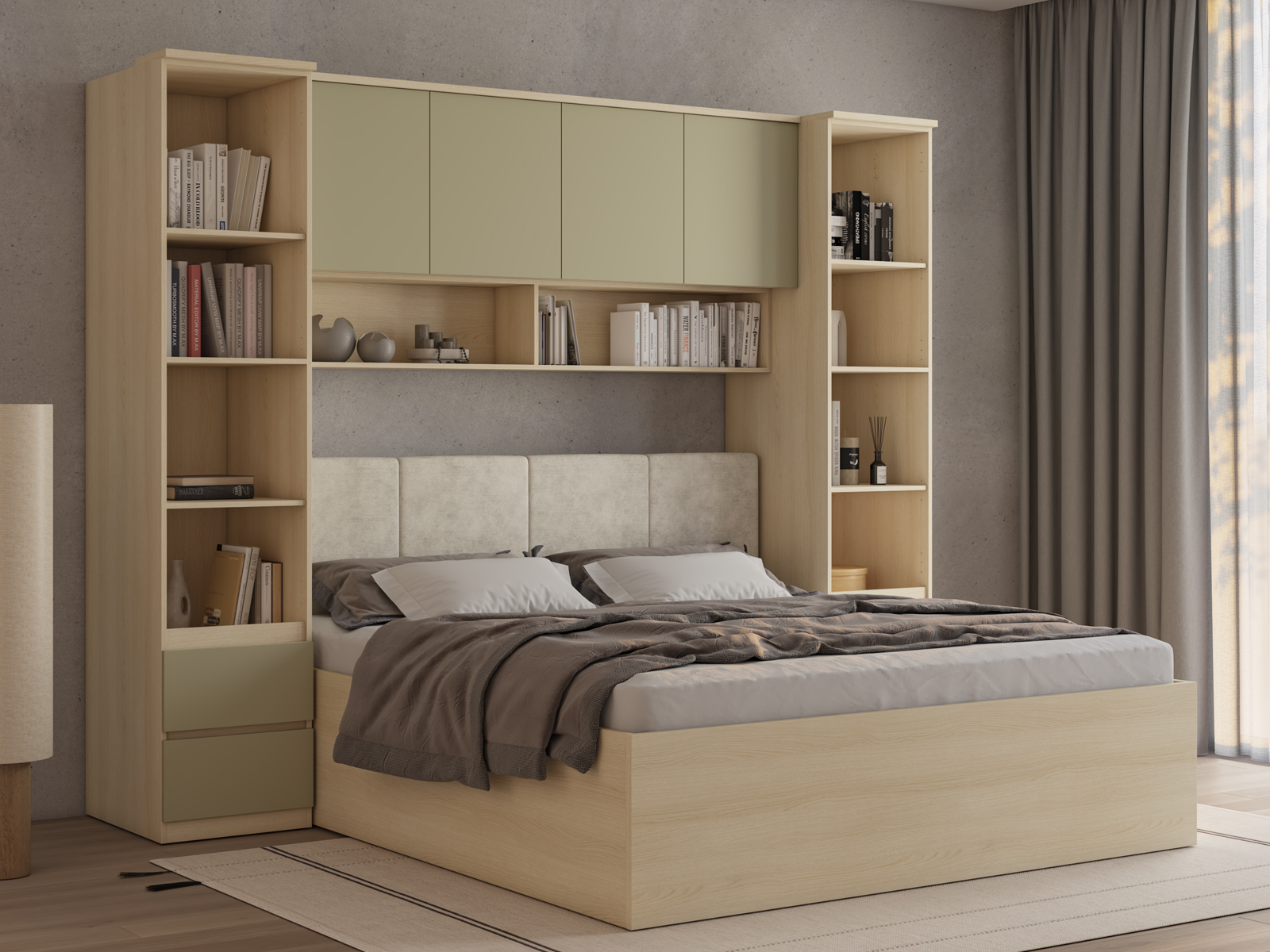 Lit pont THEODORA 180x200 cm chêne lindberg/vert eucalyptus ouvert