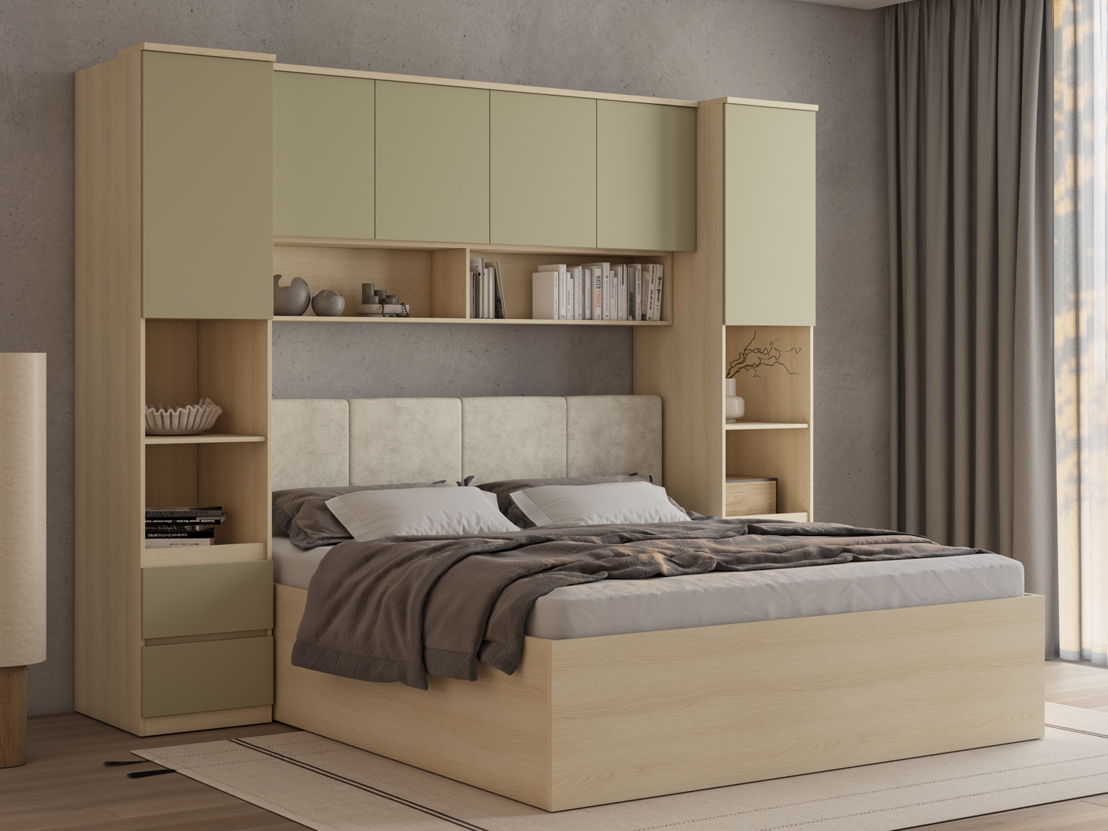 Lit pont THEODORA 180x200 cm chêne lindberg/vert eucalyptus semi-ouvert