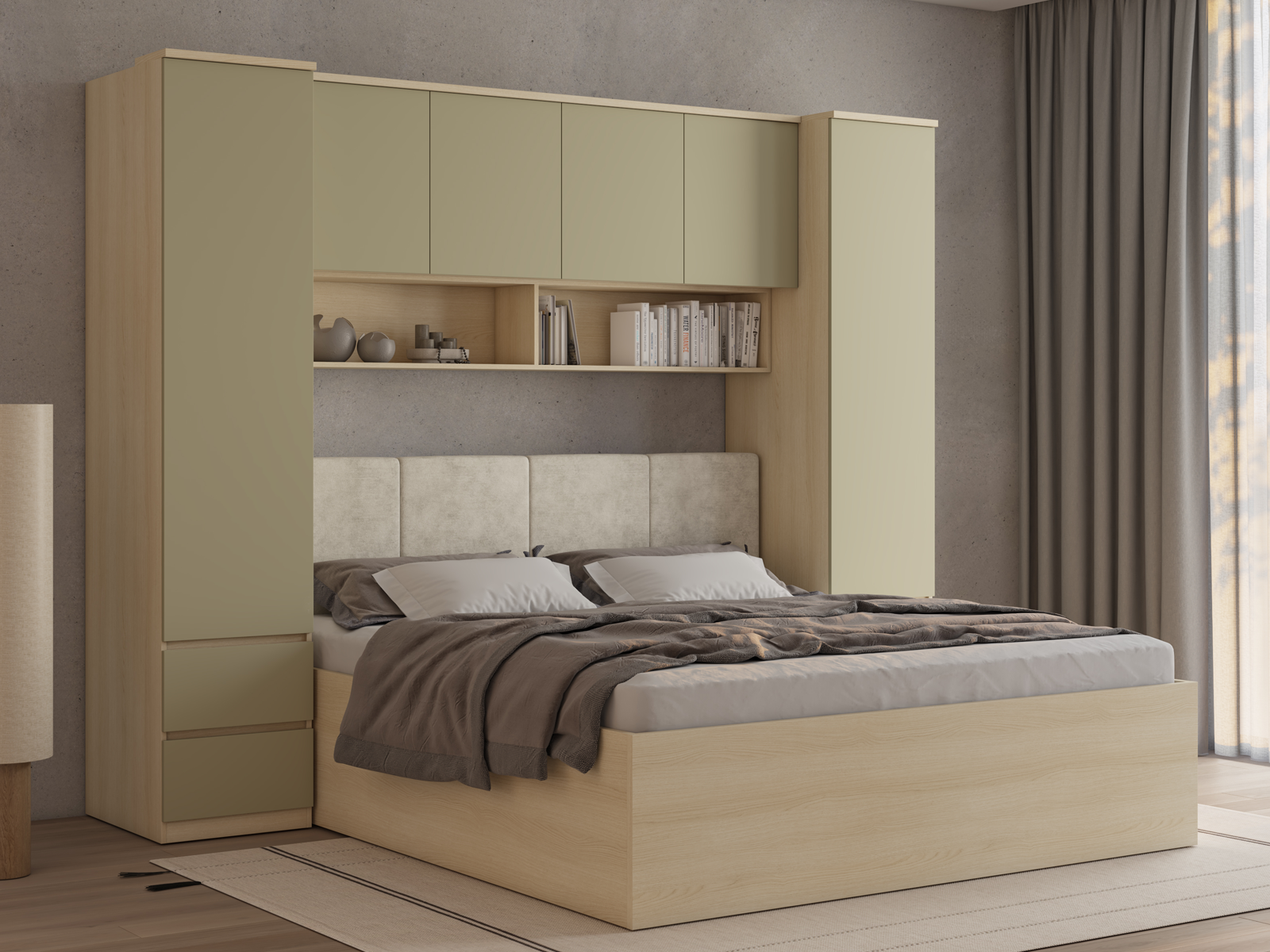 Lit pont THEODORA 180x200 cm chêne lindberg/vert eucalyptus fermé