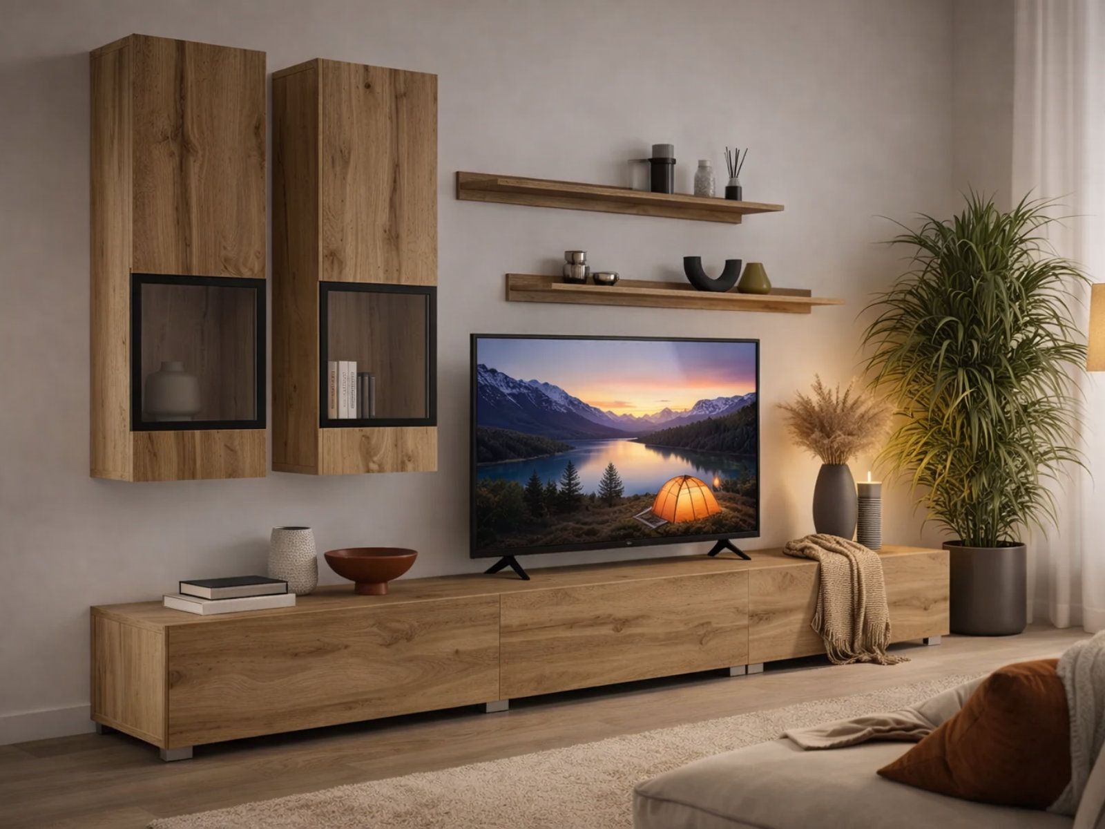 Mur tv-hifi BABEL 5 portes chêne wotan avec led