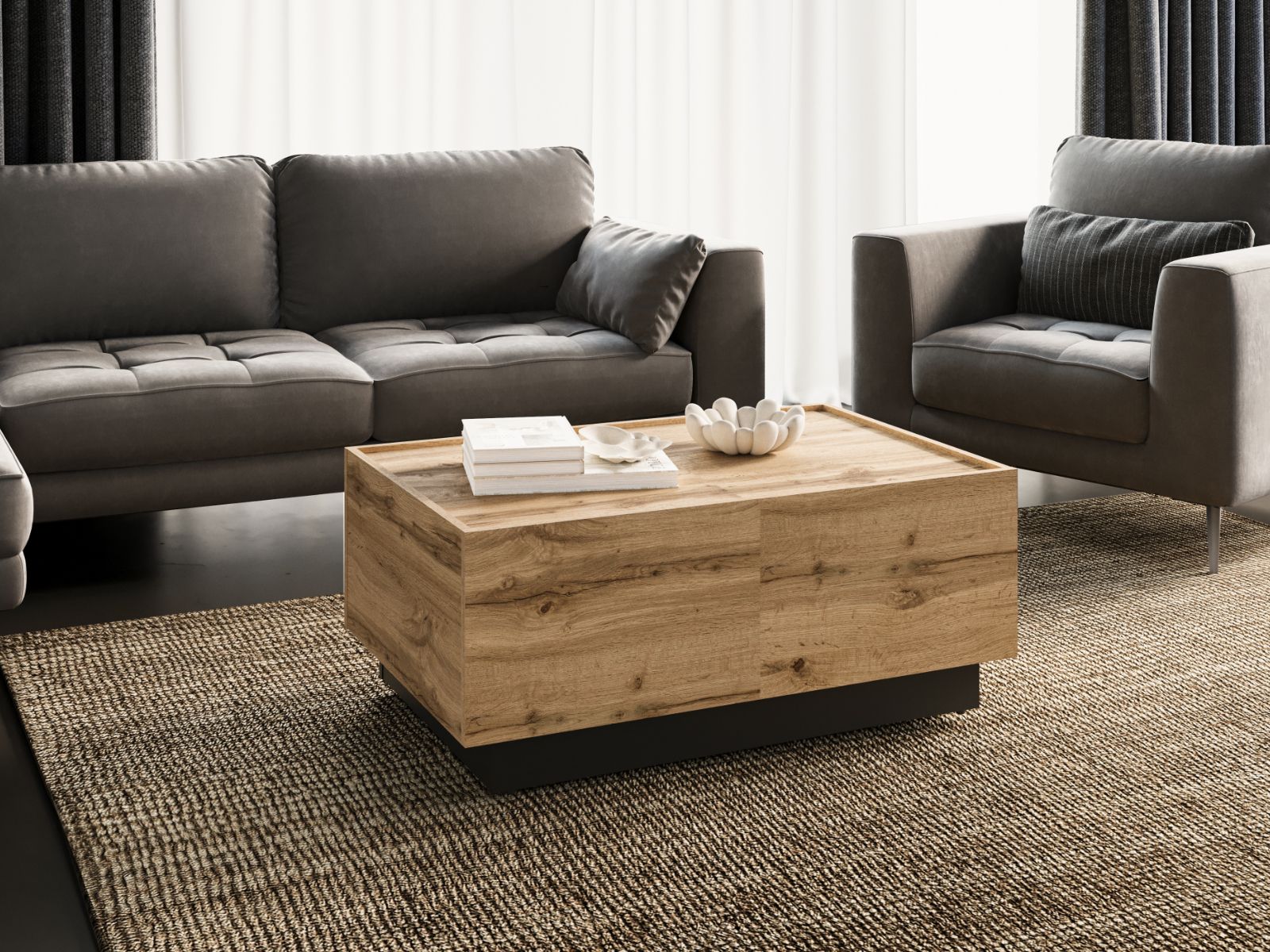 Table basse avec coffre EKOWA 90 cm chêne wotan/noir