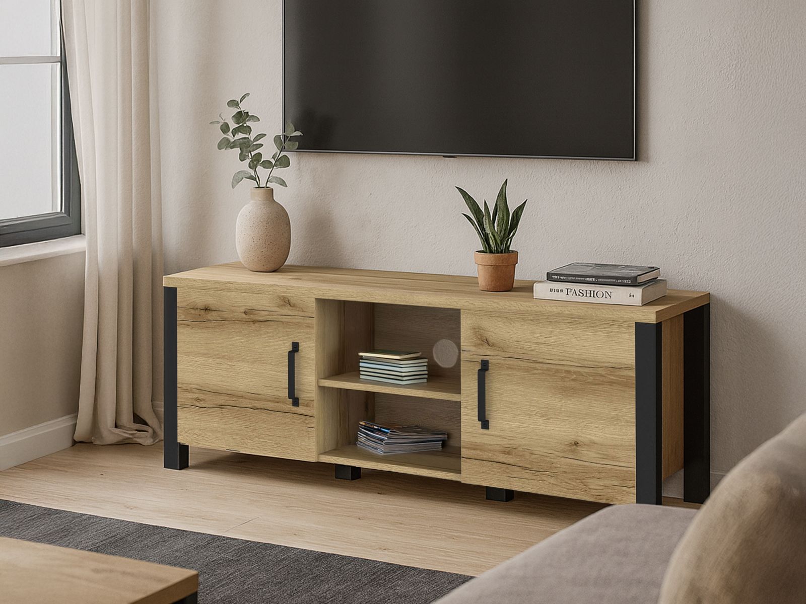 Meuble tv-hifi OLIANNE 2 portes chêne naturel