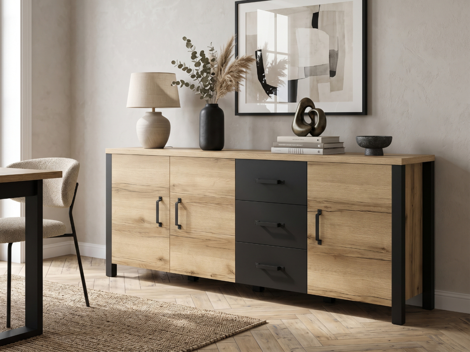 Buffet/bahut OLIANNE 3 portes 3 tiroirs chêne naturel