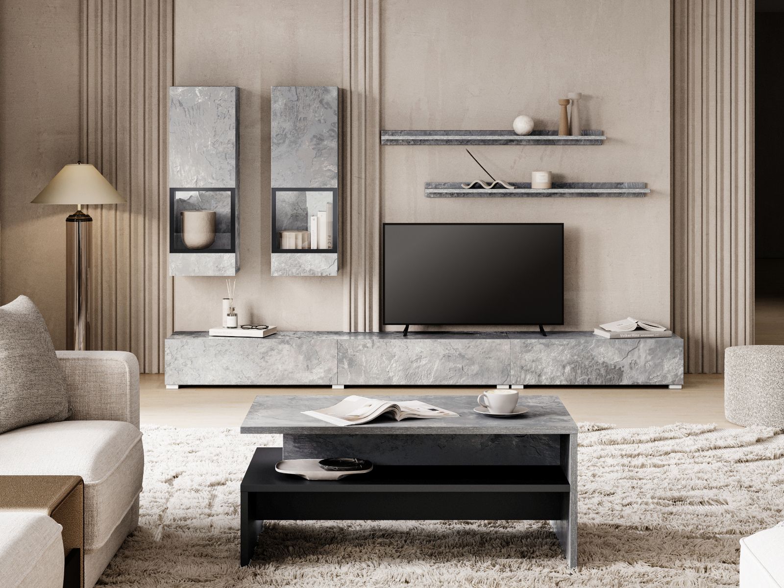 Mur tv-hifi BABEL 5 portes béton avec table basse