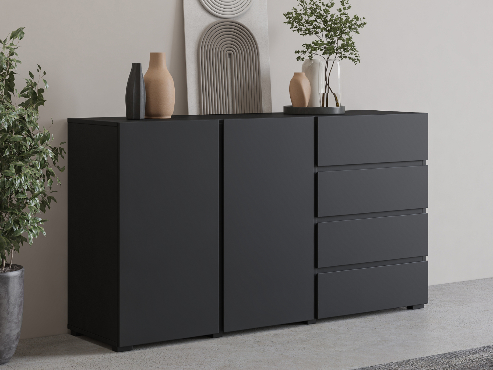 Buffet/bahut ASYMI 2 portes 4 tiroirs noir