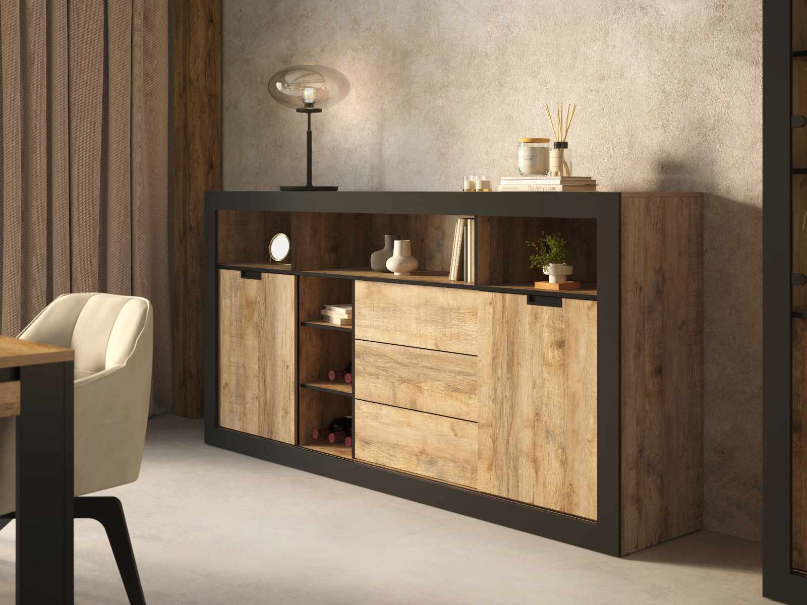 Buffet/bahut TUDORO DELUXE 2 portes 3 tiroirs chêne samdal/noir